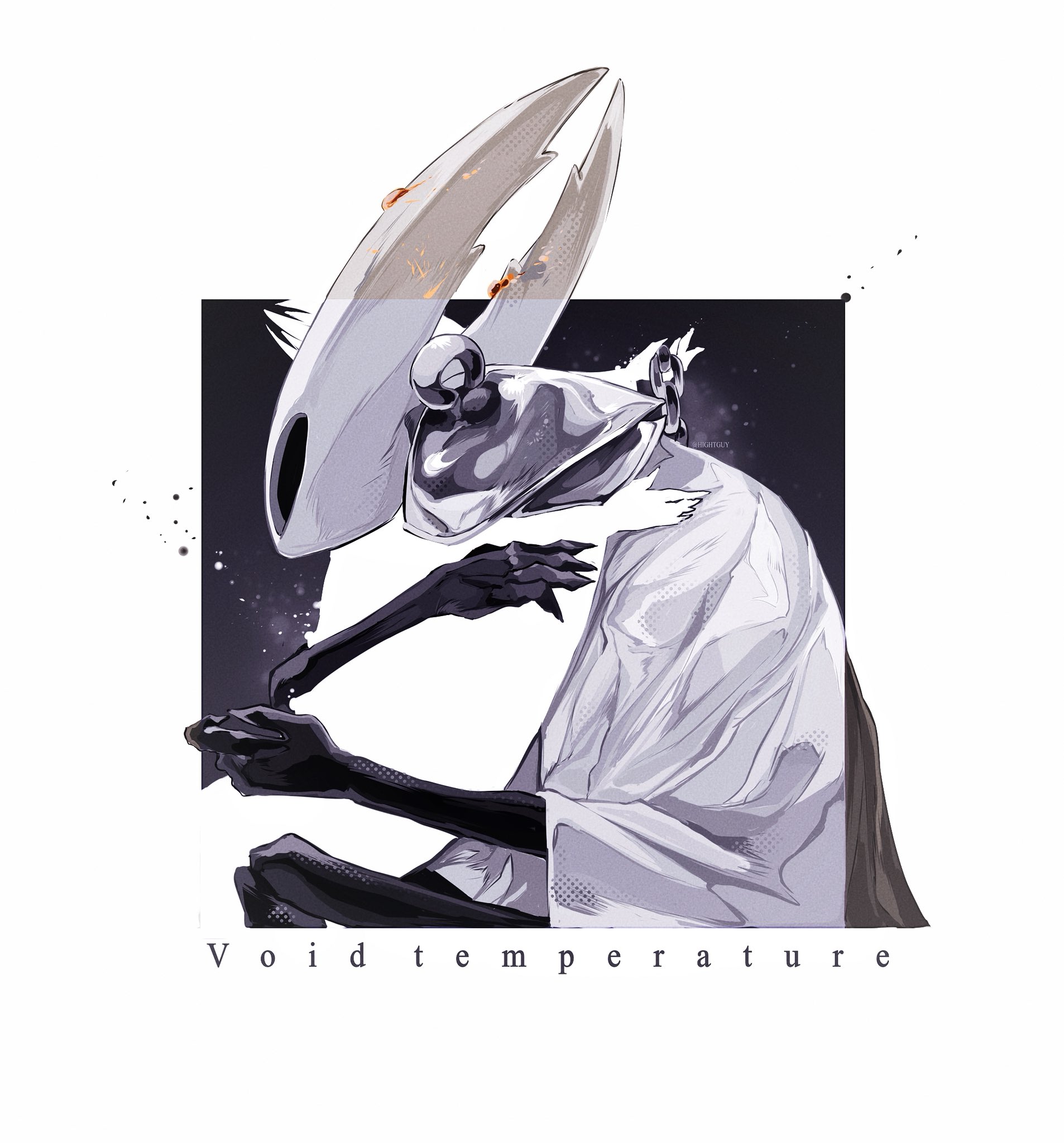 hightguy, hollow knight (character), pale king (hollow knight), pure vessel, hollow knight, father and child, commentary, english commentary, highres, 1boy, 1other, armor, artist name, ben-day dots, black cloak, chain, cloak, crack, english text, hollow eyes, horns, hug, pauldrons, screentones, shoulder armor, white cloak