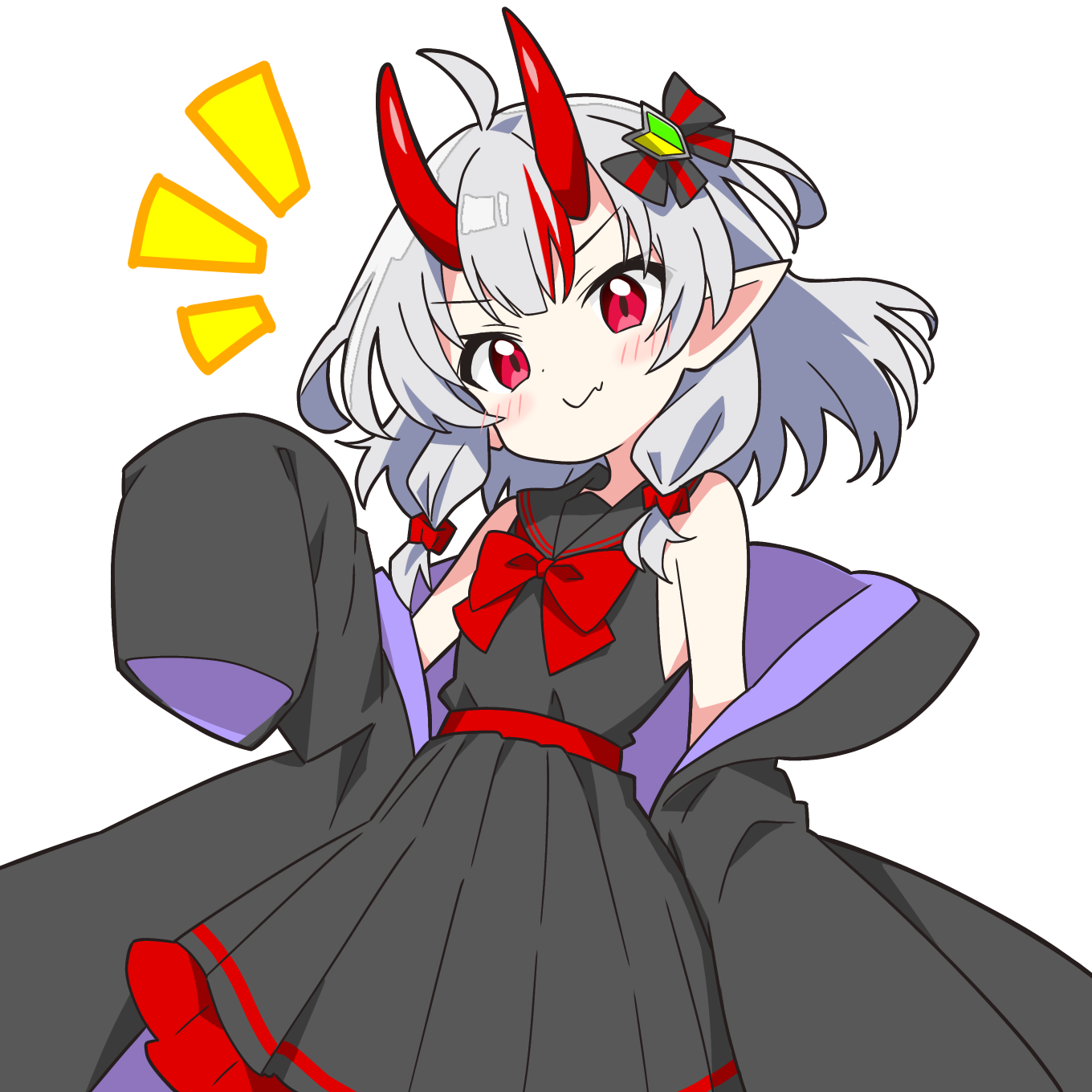 kotatsu-mazoku, shoshinsha oni girl (kotatsu-mazoku), original, commentary request, highres, 1girl, ahoge, bare shoulders, black bow, black coat, black dress, black sailor collar, blush, bow, bowtie, closed mouth, coat, cowboy shot, dot nose, double-parted bangs, dress, fang, fang out, grey hair, hair bow, hand up, horns, long sleeves, looking at viewer, multicolored hair, notice lines, off shoulder, open clothes, open coat, pointy ears, red bow, red bowtie, red eyes, red hair, red horns, sailor collar, sailor dress, short hair, shoshinsha mark, simple background, skin fang, sleeveless, sleeveless dress, sleeves past fingers, sleeves past wrists, solo, streaked hair, striped bow, two-tone hair, white background