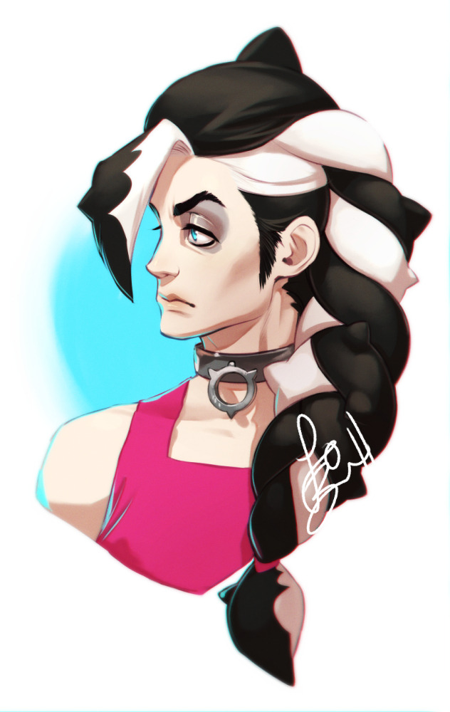 lobelmontdraws, piers (pokemon), nintendo, pokemon, pokemon swsh, commentary, english commentary, 1boy, alternate hairstyle, black hair, blue eyes, braid, choker, closed mouth, cropped shoulders, eyeshadow, looking to the side, makeup, male focus, multicolored hair, pink tank top, sideburns, signature, solo, tank top, two-tone hair