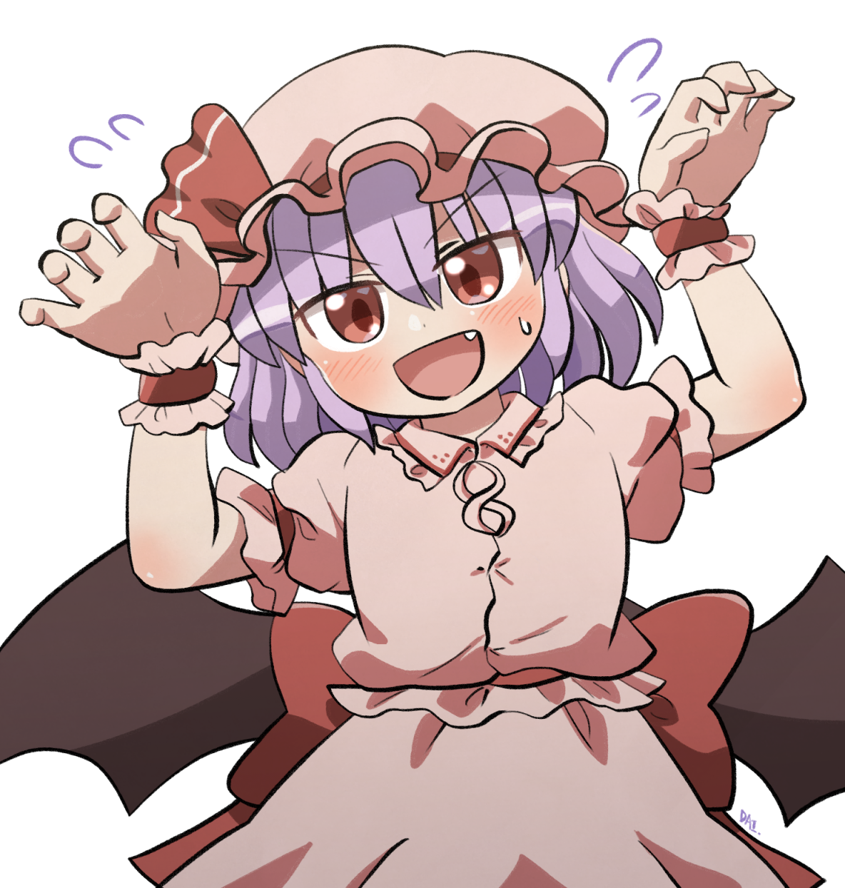 rokugou daisuke, remilia scarlet, touhou, commentary request, highres, 1girl, :d, back bow, bat wings, blush, bow, collared shirt, cowboy shot, flying sweatdrops, hair between eyes, hands up, hat, looking at viewer, mob cap, open mouth, pink hat, pink shirt, pink skirt, purple hair, red bow, red eyes, shirt, short hair, short sleeves, simple background, skirt, skirt set, smile, solo, sweatdrop, white background, wings, wrist cuffs