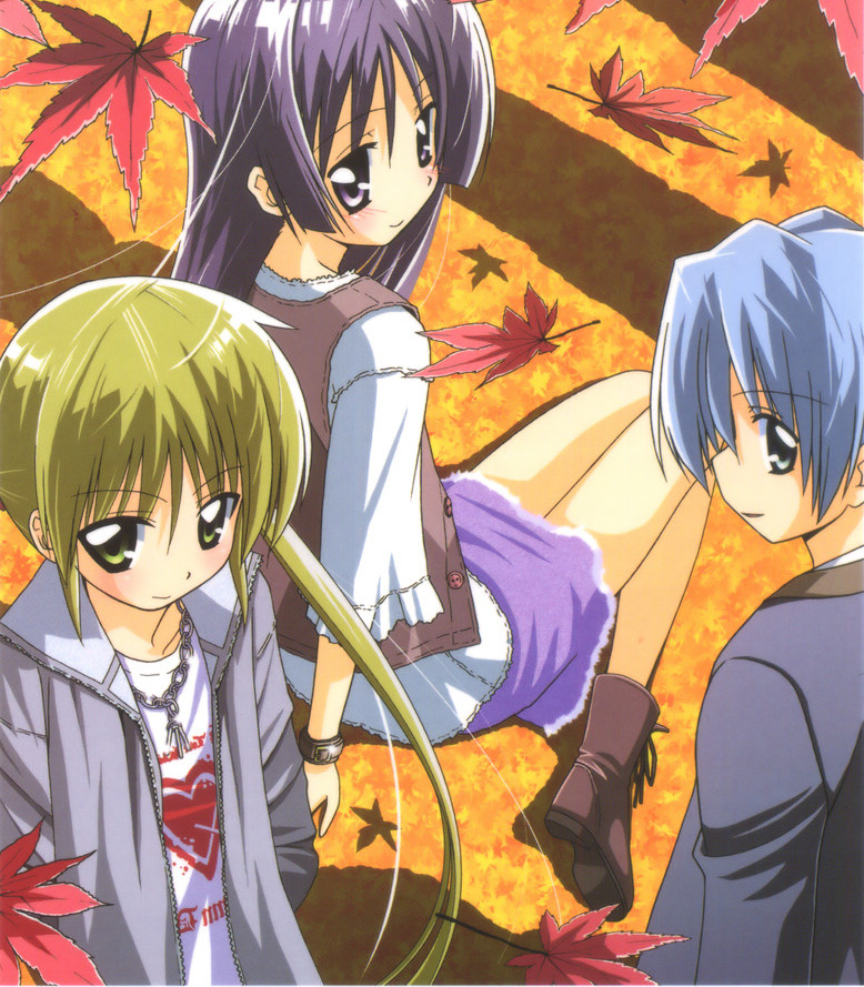 ayasaki hayate, saginomiya isumi, sanzen'in nagi, hayate no gotoku!, 00s, blonde hair, blue eyes, blue hair, blush, casual, green eyes, leaf, long hair, looking back, maple leaf, purple eyes, purple hair, short hair, skirt, smile, twintails