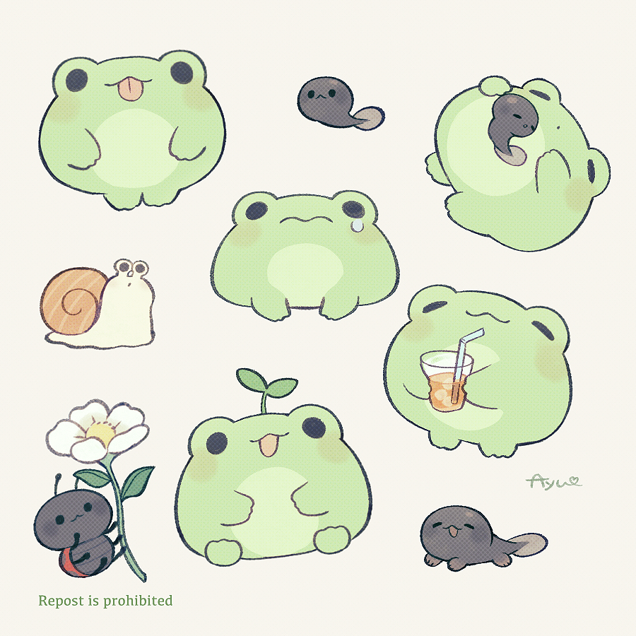 ayu (mog), original, commentary, commentary request, english commentary, mixed-language commentary, :3, :d, :p, animal focus, bug, closed eyes, closed mouth, cup, drinking, drinking glass, drinking straw, flower, frog, grey background, holding, holding cup, holding flower, ice, ice cube, insect, ladybug, no humans, open mouth, romaji commentary, signature, simple background, smile, snail, solid circle eyes, tadpole, teardrop, tongue, tongue out, watermark