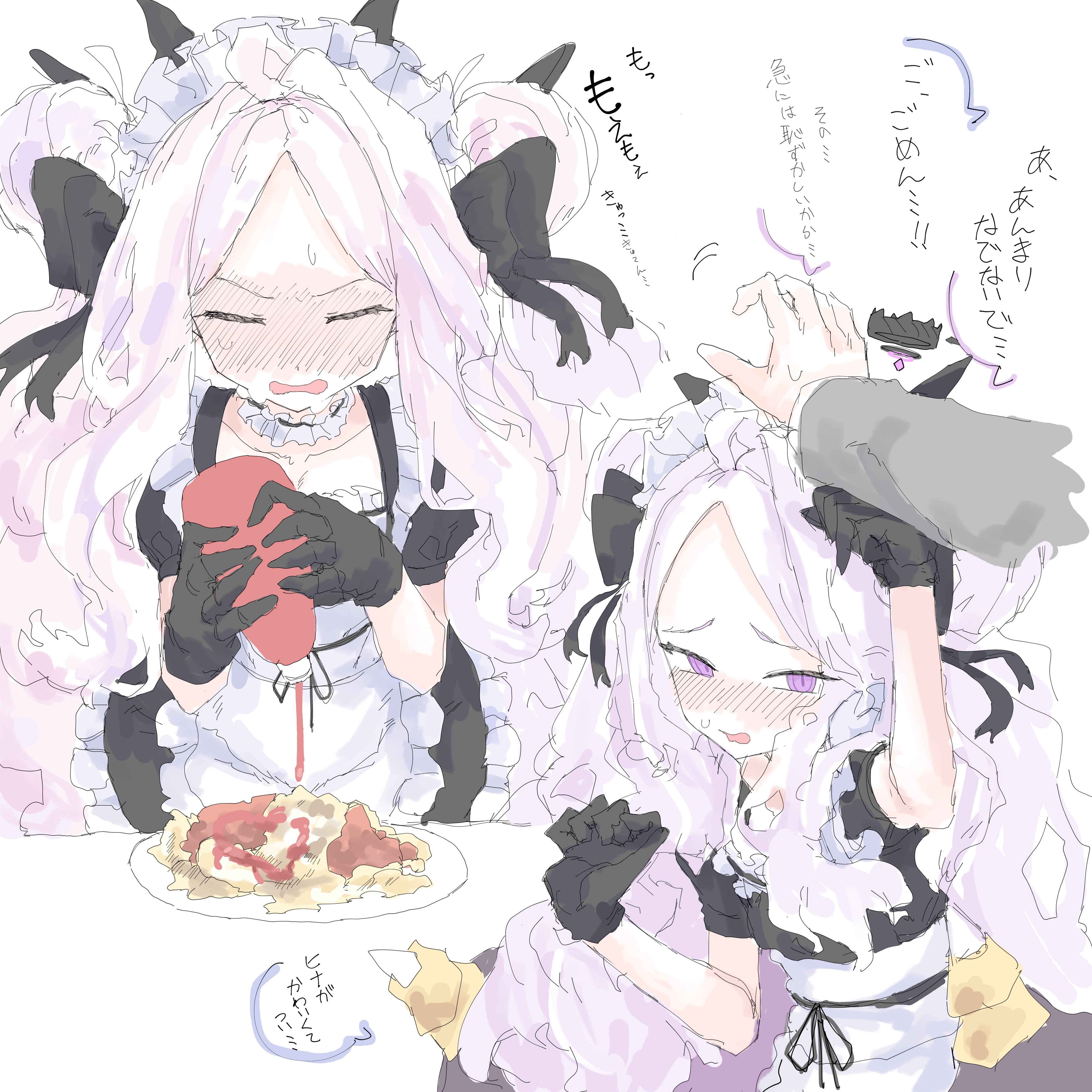 mocamocaink, hina (blue archive), blue archive, absurdres, commentary, highres, translation request, 1girl, 1other, ahoge, alternate costume, apron, arm up, black bow, black dress, black gloves, black halo, black horns, blush, bottle, bow, breasts, choker, closed eyes, collarbone, demon horns, demon wings, dress, embarrassed, enmaided, food, frilled apron, frilled choker, frills, full-face blush, gloves, hair bow, halo, hands up, holding, holding bottle, horns, ketchup, ketchup bottle, long hair, looking at another, maid, maid apron, maid headdress, multiple horns, multiple views, omelet, omurice, open mouth, parted bangs, plate, puffy short sleeves, puffy sleeves, purple eyes, short dress, short sleeves, small breasts, small sweatdrop, two side up, upper body, very long hair, wavy mouth, white apron, white background, white choker, white hair, white headdress, wings