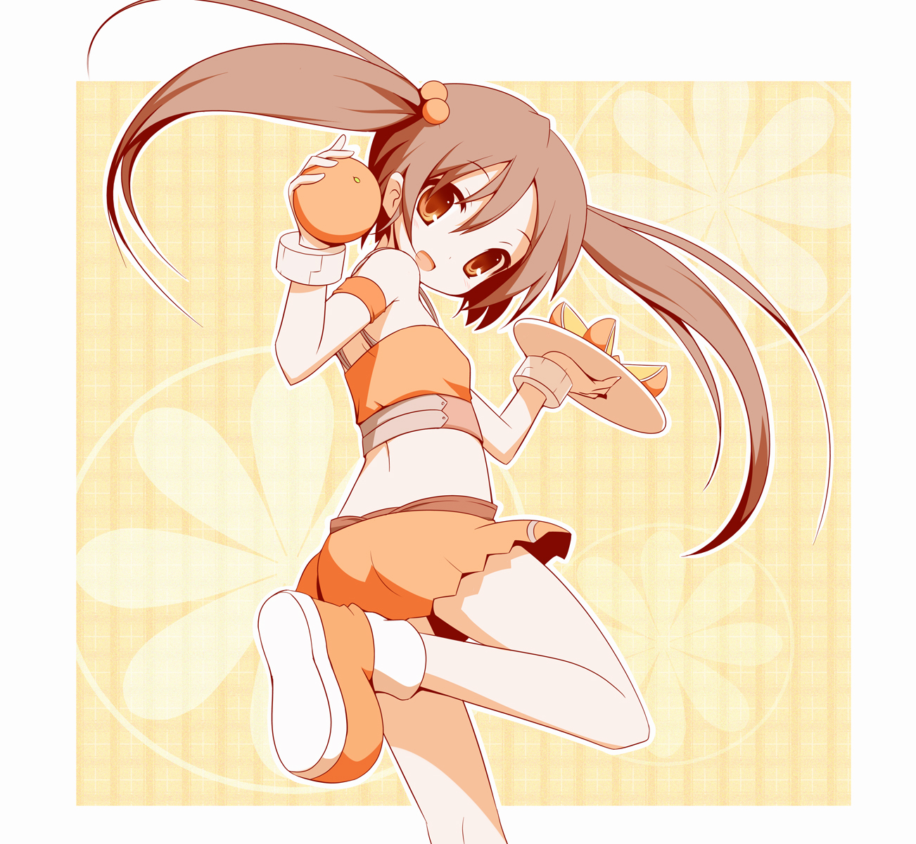 miko machi, arancia, original, highres, md5 mismatch, 1girl, brown eyes, brown hair, female focus, food, fruit, holding, holding food, holding fruit, orange (fruit), orange eyes, orange skirt, skirt, solo, twintails