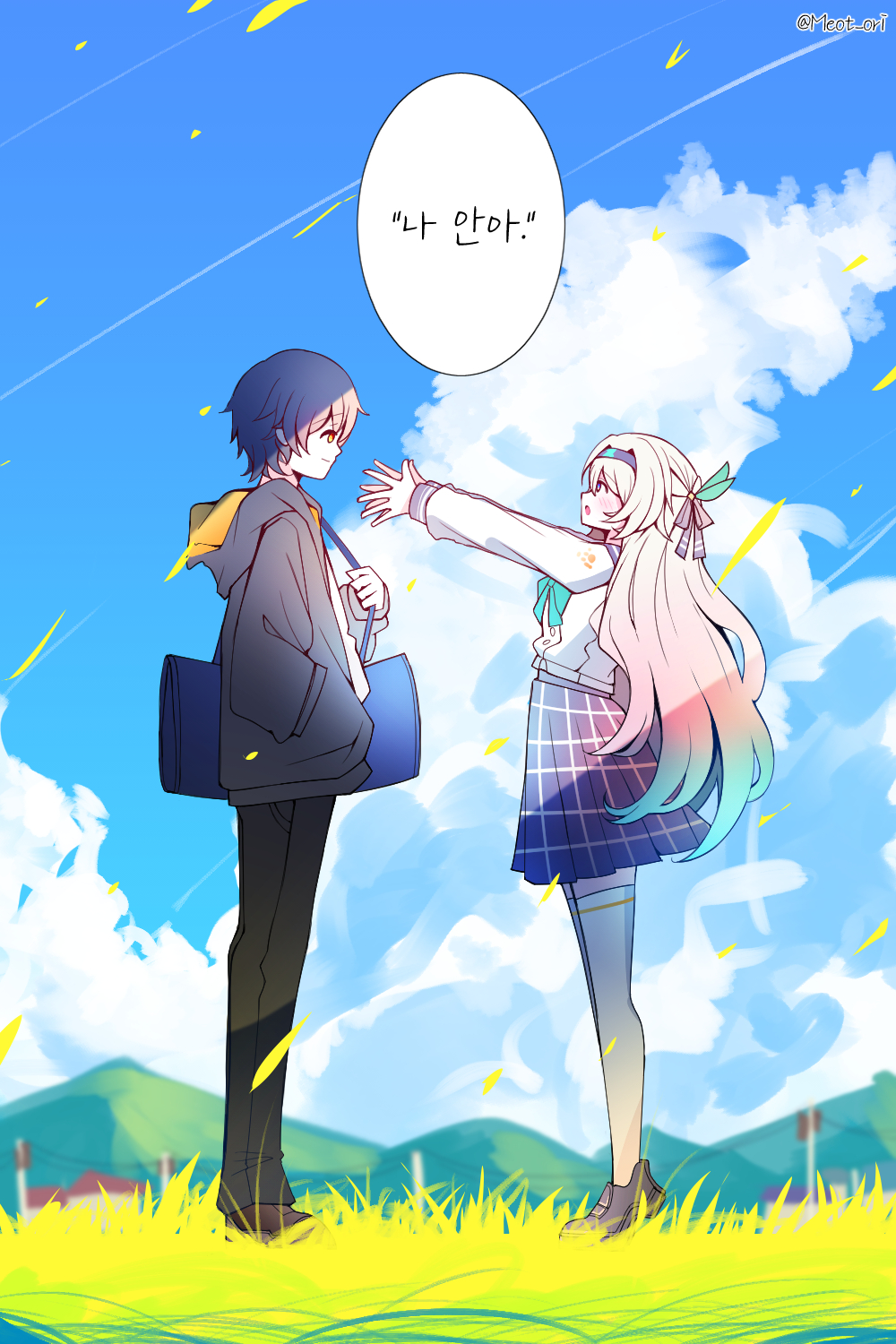 electronduck, caelus (honkai: star rail), firefly (honkai: star rail), firefly (spring missive) (honkai: star rail), trailblazer (honkai: star rail), honkai: star rail, honkai (series), commentary, english commentary, highres, translation request, 1boy, 1girl, black hairband, black jacket, black pants, blue skirt, blue sky, cloud, from side, grey hair, hair ribbon, hairband, hood, hood down, hooded jacket, jacket, korean text, long hair, long sleeves, looking at another, on grass, open clothes, open jacket, pants, plaid clothes, plaid skirt, pleated skirt, ribbon, shirt, short hair, skirt, sky, standing, thighhighs, twitter username, white shirt, white thighhighs