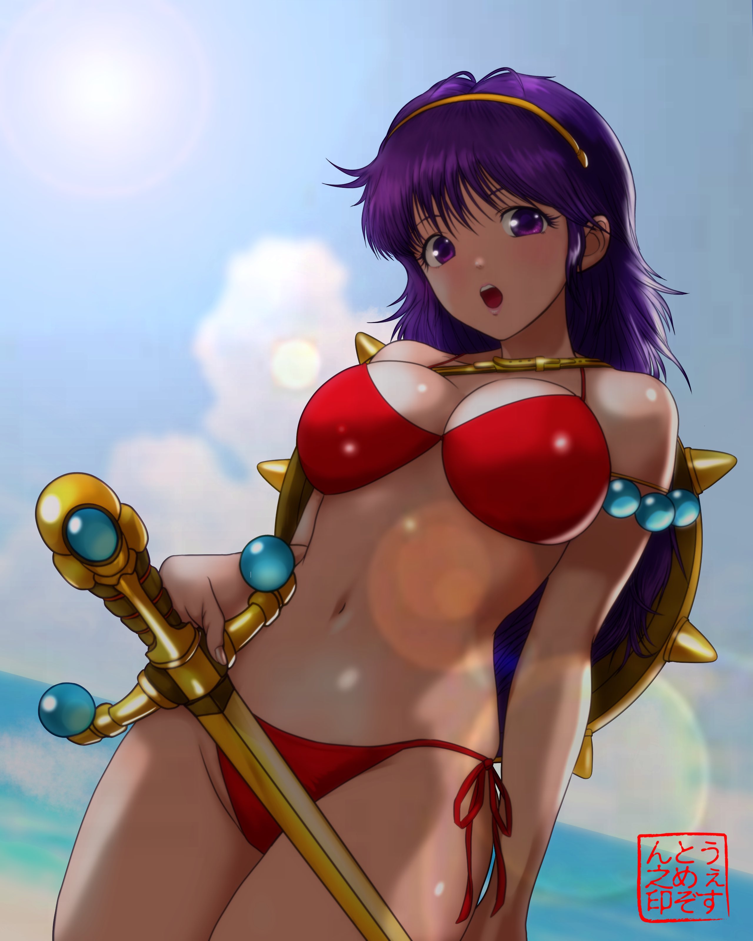 west-maison, princess athena, athena (series), absurdres, highres, translation request, 1girl, artist name, bikini, breasts, cleavage, japanese text, large breasts, looking at viewer, navel, open mouth, pink lips, purple eyes, purple hair, red bikini, solo, swimsuit, teeth, tongue