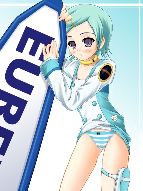 katsuragi niya, eureka (eureka seven), eureka seven, eureka seven (series), 00s, 1girl, aqua hair, blue panties, blush, bow, bow panties, buttons, choker, clothes lift, dress, dress lift, embarrassed, female focus, flat chest, green hair, hair ornament, hairclip, panties, parted bangs, purple eyes, short dress, short hair, solo, standing, striped clothes, striped panties, thigh strap, underwear