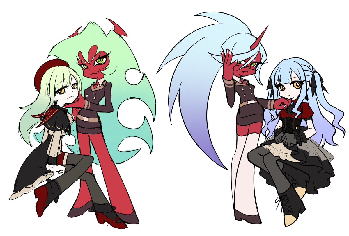 kneesocks (psg), mortis (bang dream!), mortis (costume) (bang dream!), oblivionis (bang dream!), scanty (psg), togawa sakiko, wakaba mutsumi, bang dream!, bang dream! it's mygo!!!!!, panty & stocking with garterbelt, commentary, symbol-only commentary, 4girls, :3, beret, black capelet, black corset, black jacket, black pantyhose, black ribbon, black skirt, blue hair, capelet, color connection, colored skin, corset, fang, green hair, hair color connection, hair ribbon, hat, horns, invisible chair, jacket, long hair, multiple girls, pantyhose, ponytail, red hat, red shirt, red skin, ribbon, shirt, short sleeves, shoushud, sidelocks, simple background, single horn, sitting, skirt, thighhighs, two side up, white background, white thighhighs