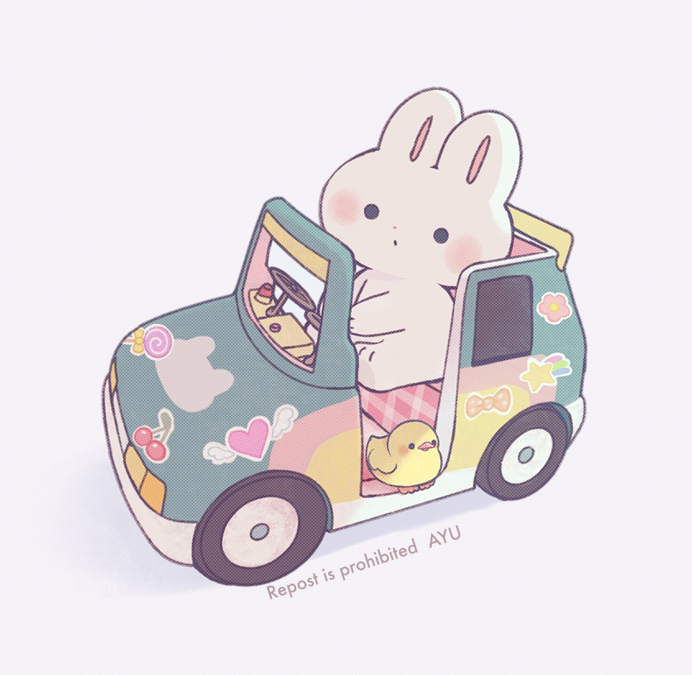 ayu (mog), original, commentary, english commentary, mixed-language commentary, animal, animal focus, artist name, bird, blush stickers, car, closed mouth, duck, motor vehicle, no humans, romaji commentary, simple background, solid circle eyes, watermark, white background