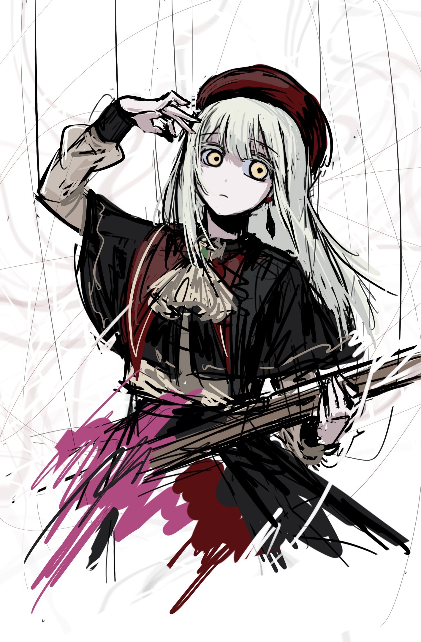 mortis (bang dream!), mortis (costume) (bang dream!), wakaba mutsumi, bang dream!, bang dream! it's mygo!!!!!, commentary, hashtag-only commentary, highres, 1girl, ascot, beret, black capelet, capelet, electric guitar, green hair, guitar, hat, holding, holding guitar, holding instrument, holding plectrum, instrument, long hair, long sleeves, plectrum, puppet strings, red hat, shoushud, solo, white ascot, yellow eyes