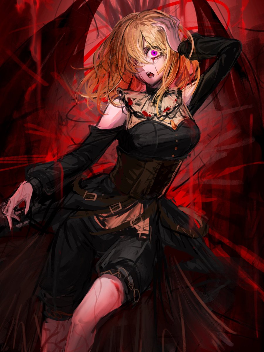 doloris (bang dream!), misumi uika, bang dream!, bang dream! it's mygo!!!!!, commentary request, highres, 1girl, black hair, black shorts, blonde hair, blood, bloody tears, breasts, brown corset, clothing cutout, corset, long sleeves, medium breasts, medium hair, messy hair, open mouth, purple eyes, shorts, shoulder cutout, shoushud, solo, sophie (bang dream!), teeth