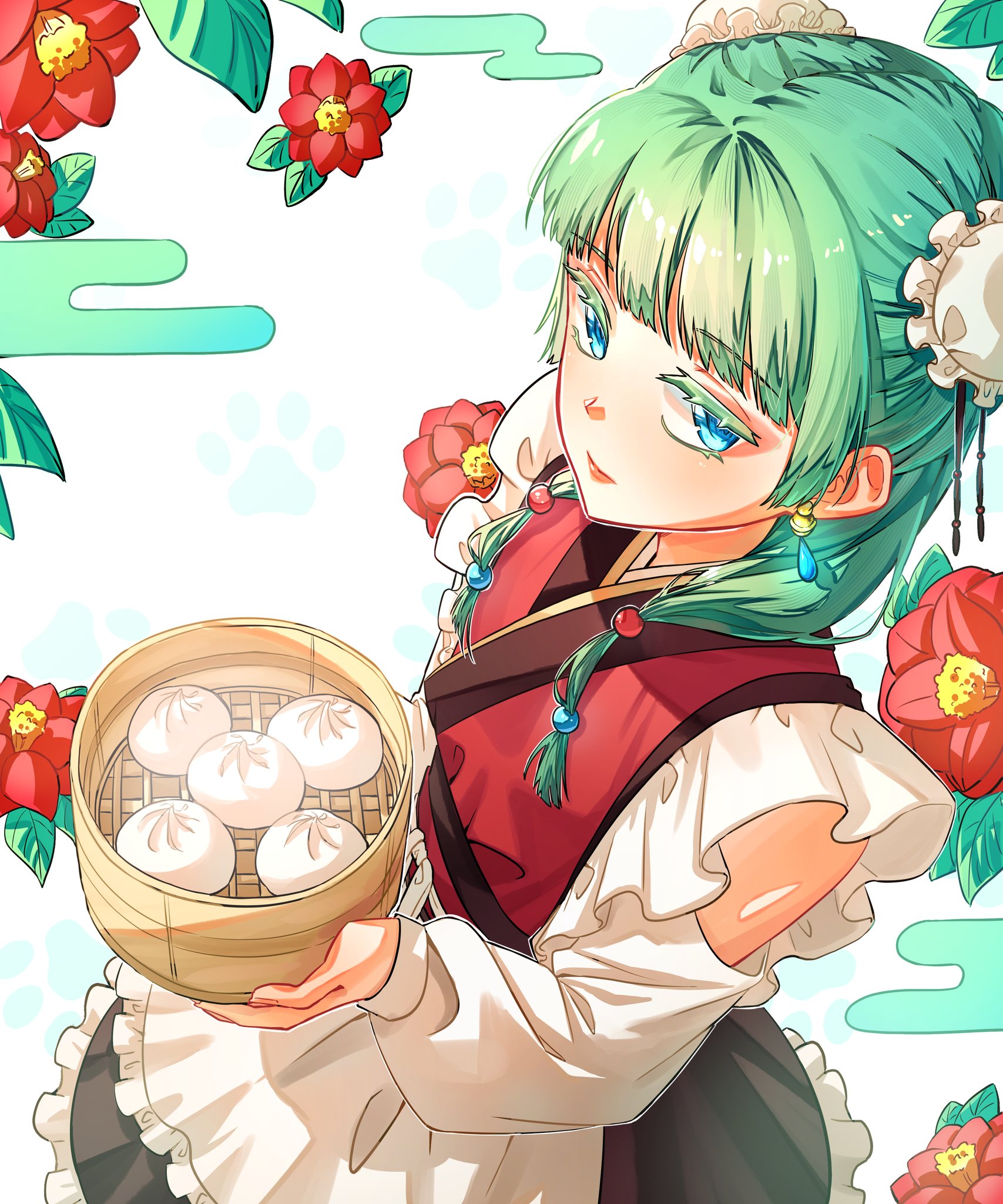 maomao (kusuriya no hitorigoto), kusuriya no hitorigoto, highres, 1girl, apron, black skirt, blue eyes, bun cover, closed mouth, colored eyelashes, detached sleeves, double bun, dress, dumpling, earrings, flower, food, frilled dress, frilled sleeves, frills, from above, green hair, hair bun, holding, jewelry, looking to the side, maid, maid apron, nyangnyang19770, red dress, red flower, simple background, skirt, solo, twintails, white background, white sleeves