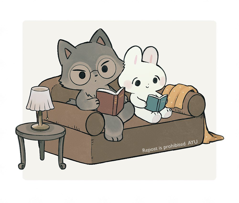 ayu (mog), original, commentary, english commentary, mixed-language commentary, animal, animal focus, artist name, book, border, couch, glasses, grey background, holding, holding book, lamp, no humans, open book, outside border, rabbit, reading, romaji commentary, round eyewear, simple background, solid circle eyes, table, watermark, white border, wolf