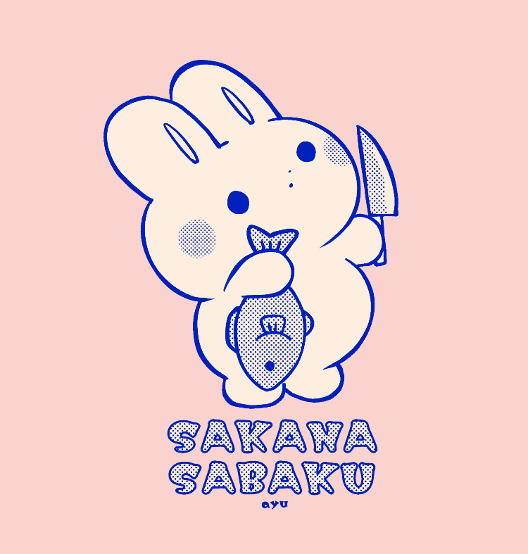 ayu (mog), original, commentary, english commentary, mixed-language commentary, animal, animal focus, artist name, blush stickers, closed mouth, dot mouth, fish, holding, holding animal, holding fish, holding knife, knife, monochrome, pink background, rabbit, romaji commentary, simple background, solid circle eyes