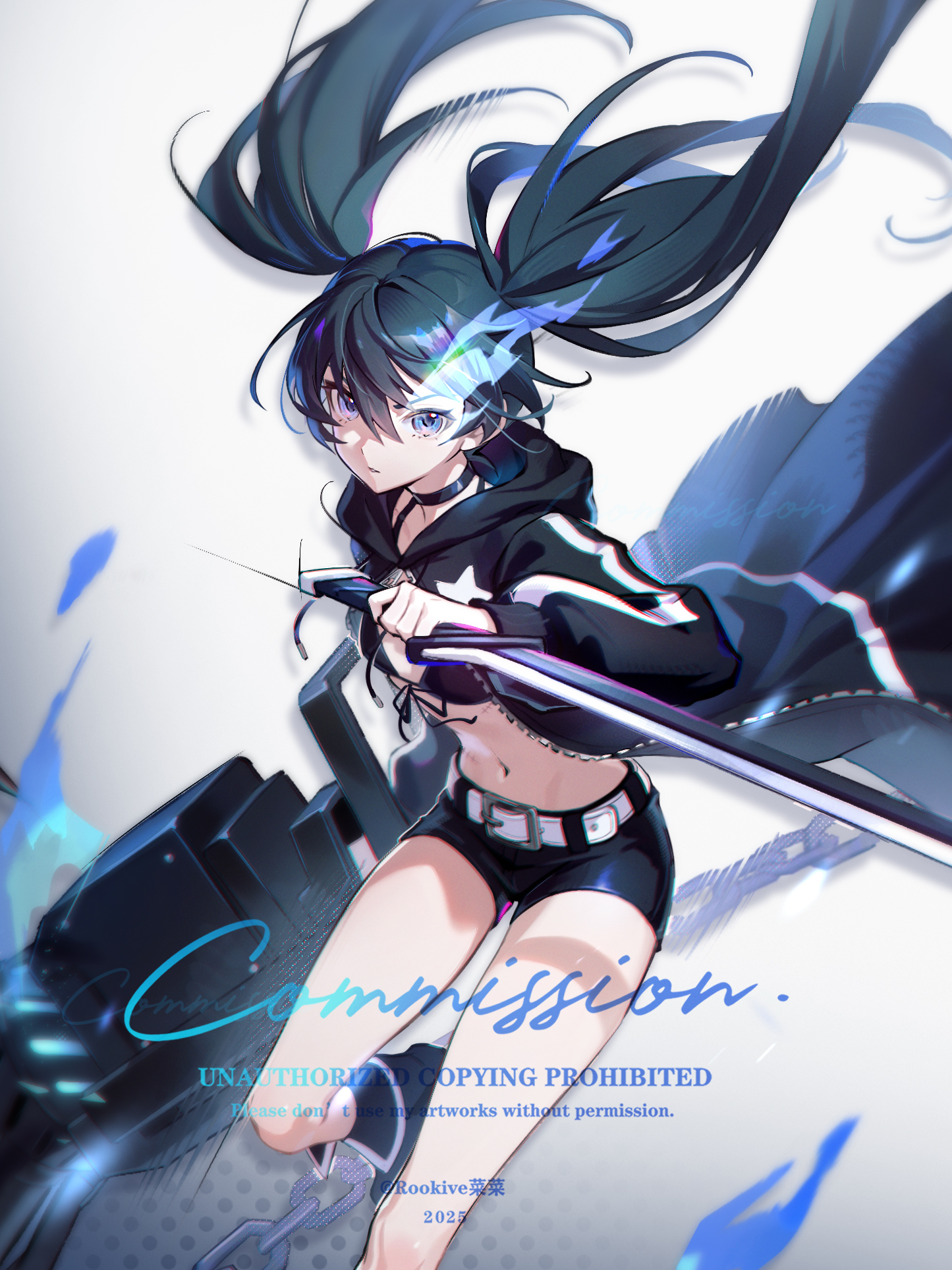 rookive, black rock shooter (character), black rock shooter, commission, highres, 1girl, 2025, belt, belt buckle, bikini, black bikini, black boots, black hair, black jacket, black shorts, blue eyes, boots, buckle, chain, closed mouth, flaming eye, flat chest, floating hair, front-tie bikini top, front-tie top, groin, hair between eyes, holding, holding sword, holding weapon, jacket, katana, long hair, long sleeves, navel, open clothes, open jacket, short shorts, shorts, solo, stomach, swimsuit, sword, twintails, very long hair, weapon, white background, white belt
