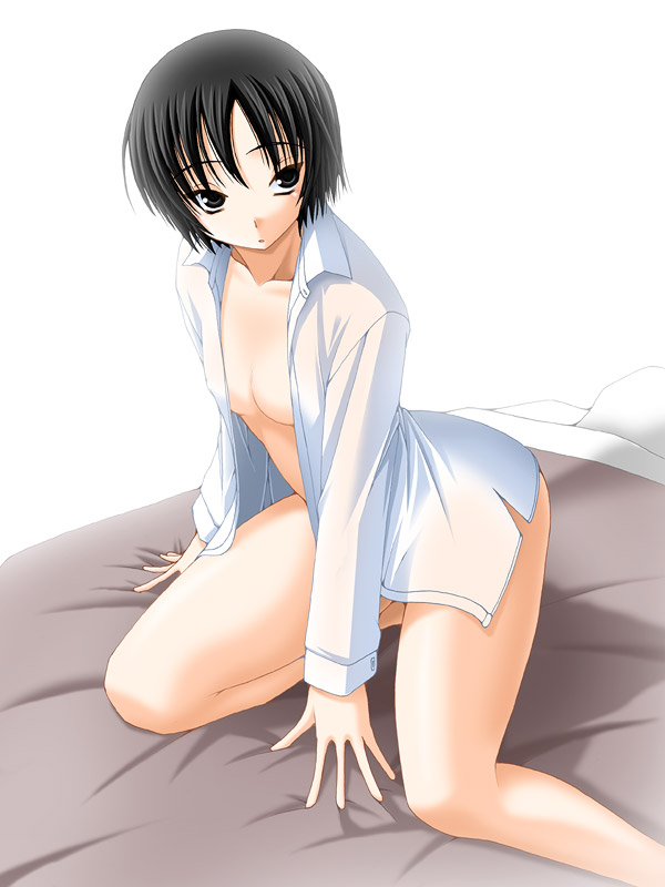 keito, nanasaki ai, amagami, 1girl, black eyes, black hair, bottomless, breasts, female focus, open clothes, open shirt, shirt, short hair, solo