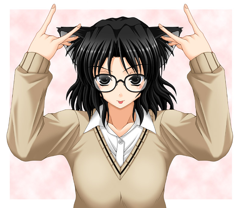 keito, tanamachi kaoru, amagami, :p, n/, animal ears, black eyes, black hair, cat ears, cat girl, glasses, school uniform, short hair, solo, tongue, tongue out