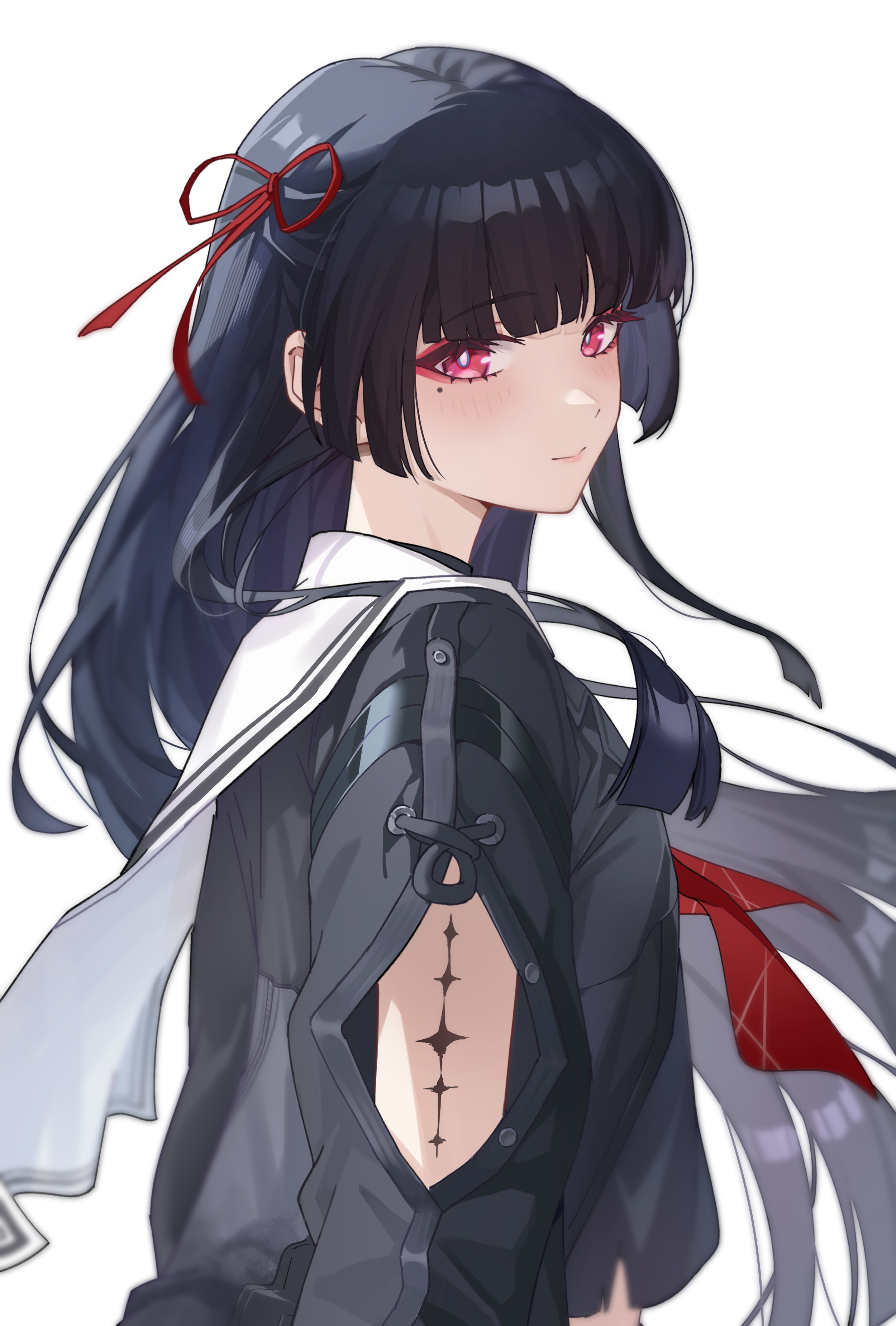chisa (wuthering waves), wuthering waves, absurdres, commentary request, highres, partial commentary, 1girl, arm cutout, awakari, black hair, black jacket, black shirt, closed mouth, clothing cutout, hair ribbon, jacket, light blush, long hair, long sleeves, looking at viewer, looking to the side, mole, mole under eye, neckerchief, red eyes, red neckerchief, red ribbon, ribbon, sailor collar, shirt, simple background, smile, solo, tacet mark (wuthering waves), upper body, white background, white sailor collar