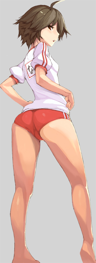 kawa akira, nao (dream c club), dream c club, dream c club (series), 1girl, ahoge, ass, back, barefoot, buruma, female focus, gym uniform, short hair, simple background, solo