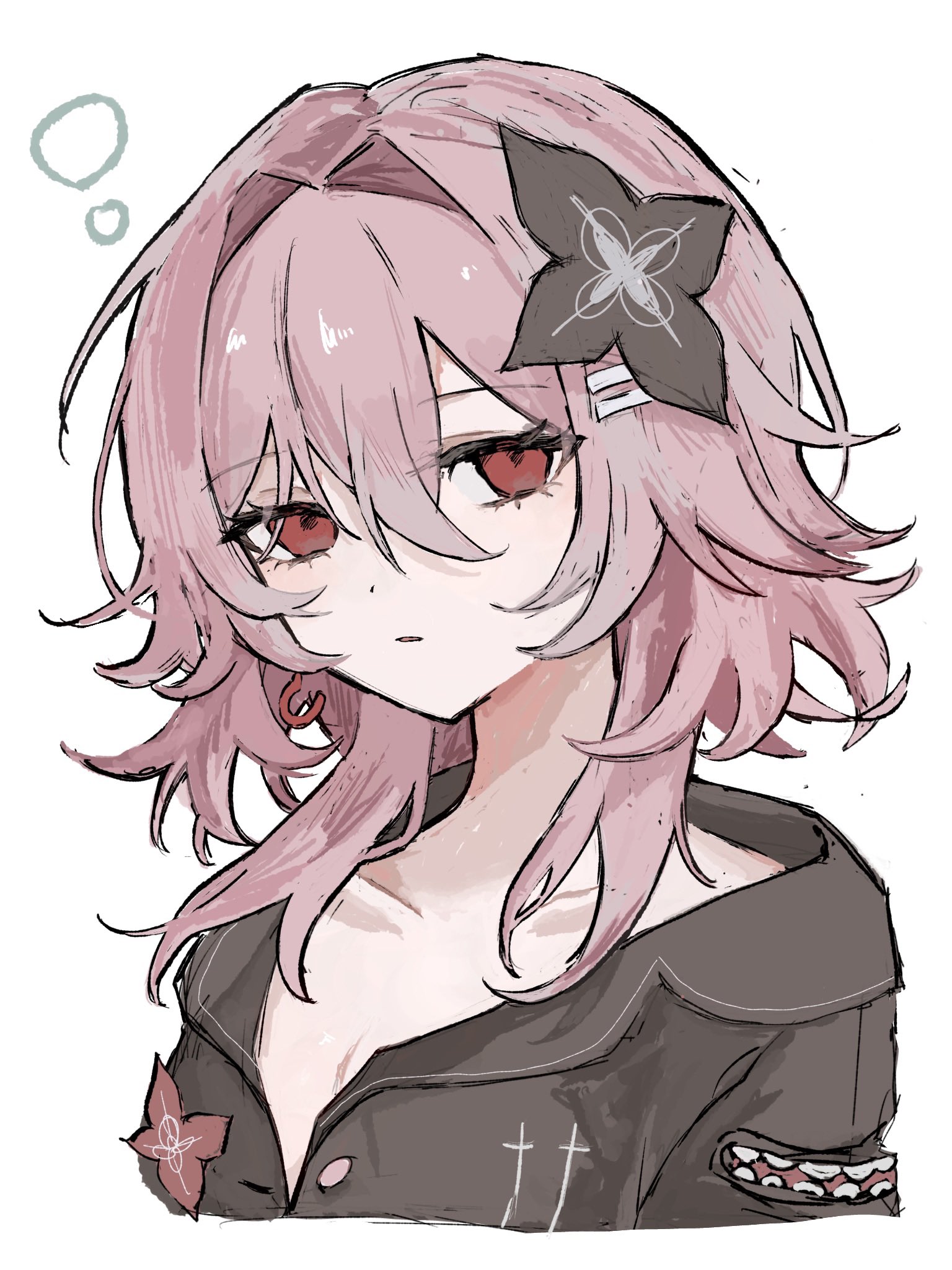 evernight (honkai: star rail), march 7th (honkai: star rail), honkai: star rail, honkai (series), highres, 1girl, black flower, breasts, cleavage, earrings, flower, hair between eyes, hair flower, hair ornament, hairclip, jacket, jewelry, medium hair, parallel hairclips, parted lips, pink hair, red eyes, single earring, umumum 94, upper body, white background