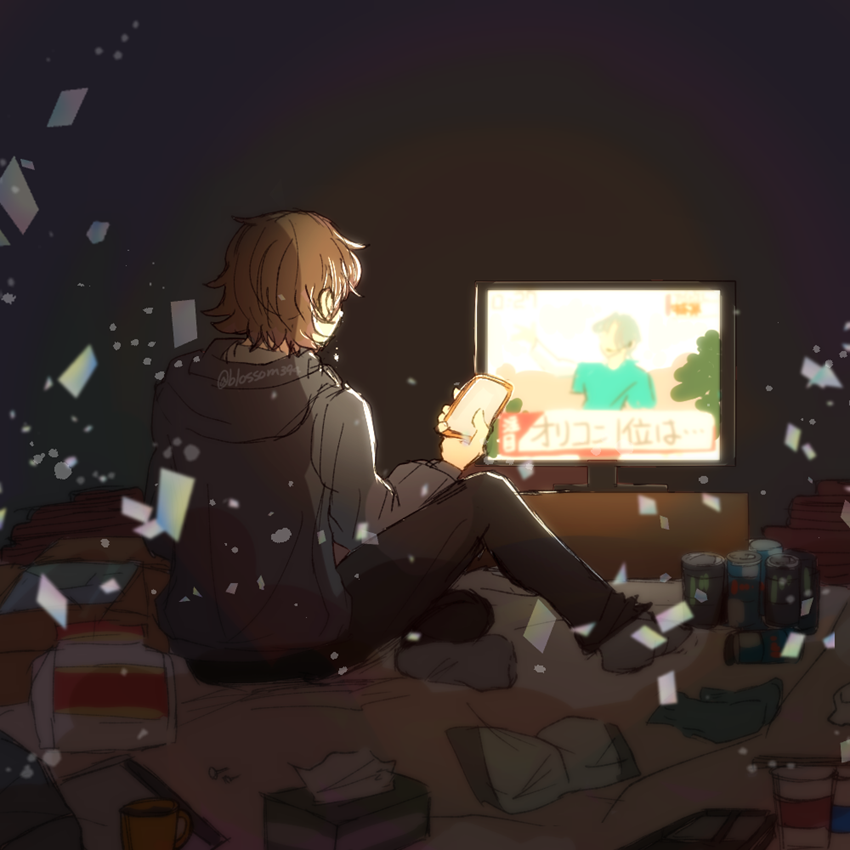 sarasa (blossom397), hibiki kaito, kimi to idol precure, precure, facing back, 2boys, bed, bed sheet, bedroom, brown hair, can, cup, dark, dark room, drink, drink can, holding, holding phone, hood, hoodie, instant cup noodles, instant noodles, kazuma (precure), mature male, multiple boys, on bed, phone, screen light, short hair, sitting, socks, spotlight, television, tissue, tissue box, twitter username, watching television