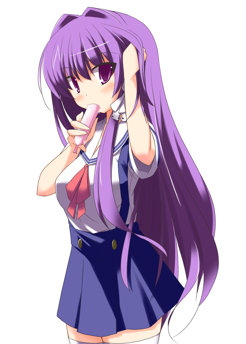 kugui kiyunemu, fujibayashi kyou, clannad, highres, 00s, 1girl, blush, eating, female focus, purple eyes, purple hair, school uniform, sexually suggestive, solo, thighhighs, tupet