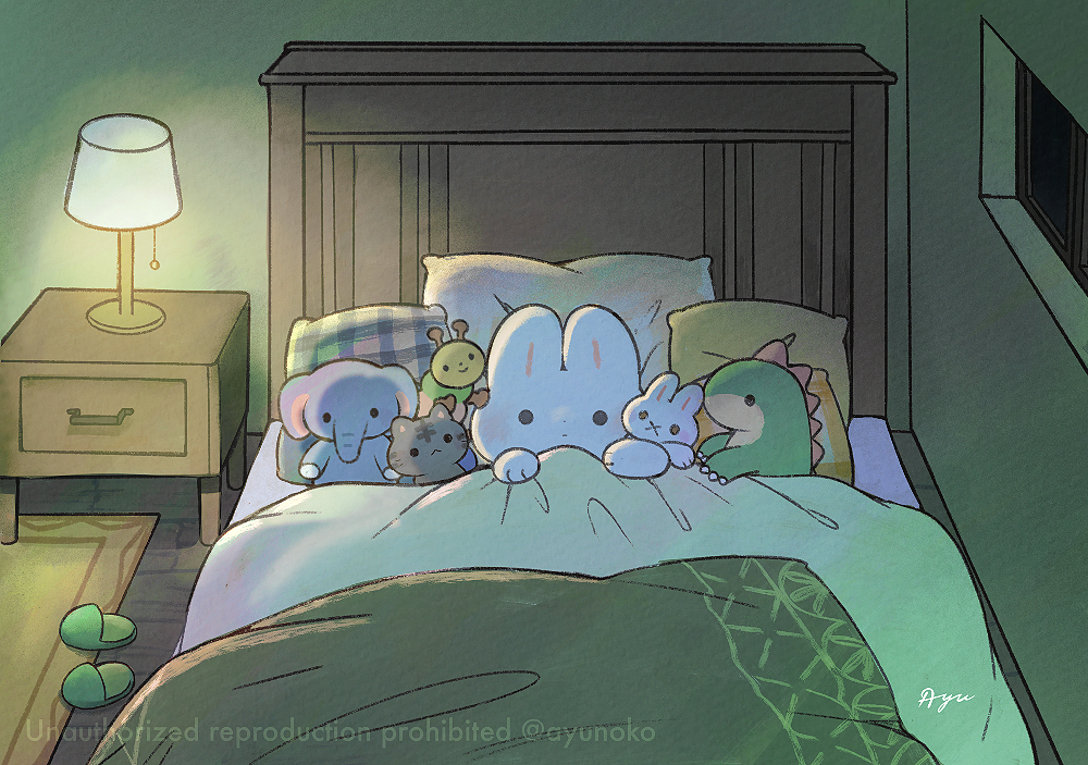 ayu (mog), original, commentary, english commentary, mixed-language commentary, animal focus, artist name, bed, bedroom, black eyes, closed mouth, desk lamp, expressionless, green slippers, indoors, lamp, looking at viewer, lying, night, nightstand, no humans, pillow, romaji commentary, rug, signature, slippers, solid circle eyes, solo, stuffed animal, stuffed cat, stuffed caterpillar, stuffed dinosaur, stuffed elephant, stuffed rabbit, stuffed toy, twitter username, under covers, unworn slippers, window, wooden floor