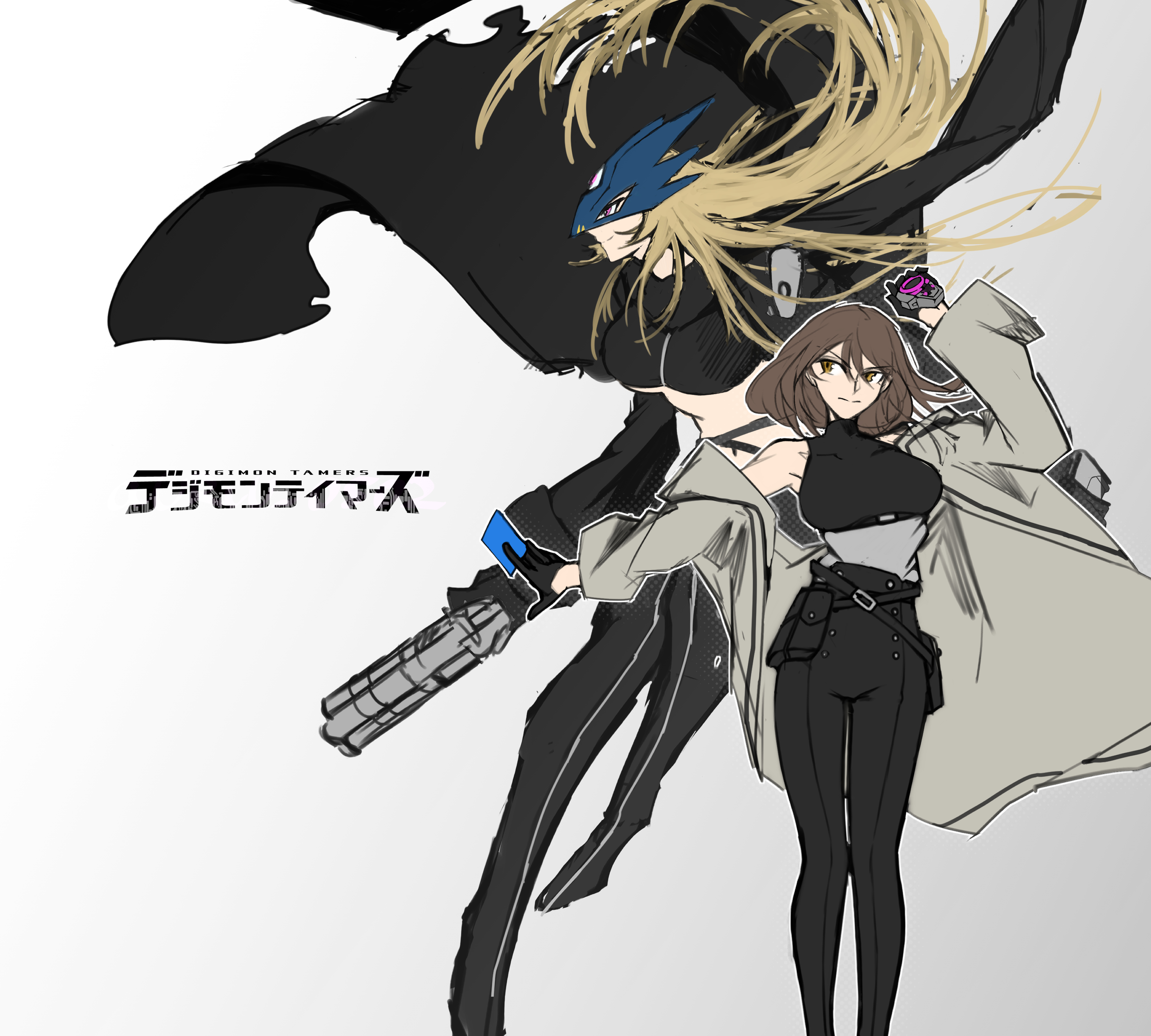 jiyuuya, ai (digimon tamers), beelstarmon, digimon, digimon tamers, absurdres, commentary request, highres, black jacket, blonde hair, blue mask, breasts, digimon (creature), digivice, eye mask, gloves, gun, holding, holding weapon, jacket, large breasts, leather, leather jacket, leather pants, long hair, mask, multiple-barrel gun, open mouth, pants, simple background, smile, third eye, underboob, weapon