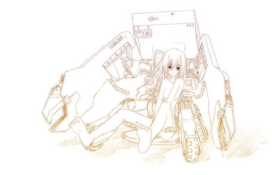 hier, original, tagme, 1girl, female focus, mecha, monochrome, nude, robot, sitting, solo, white background