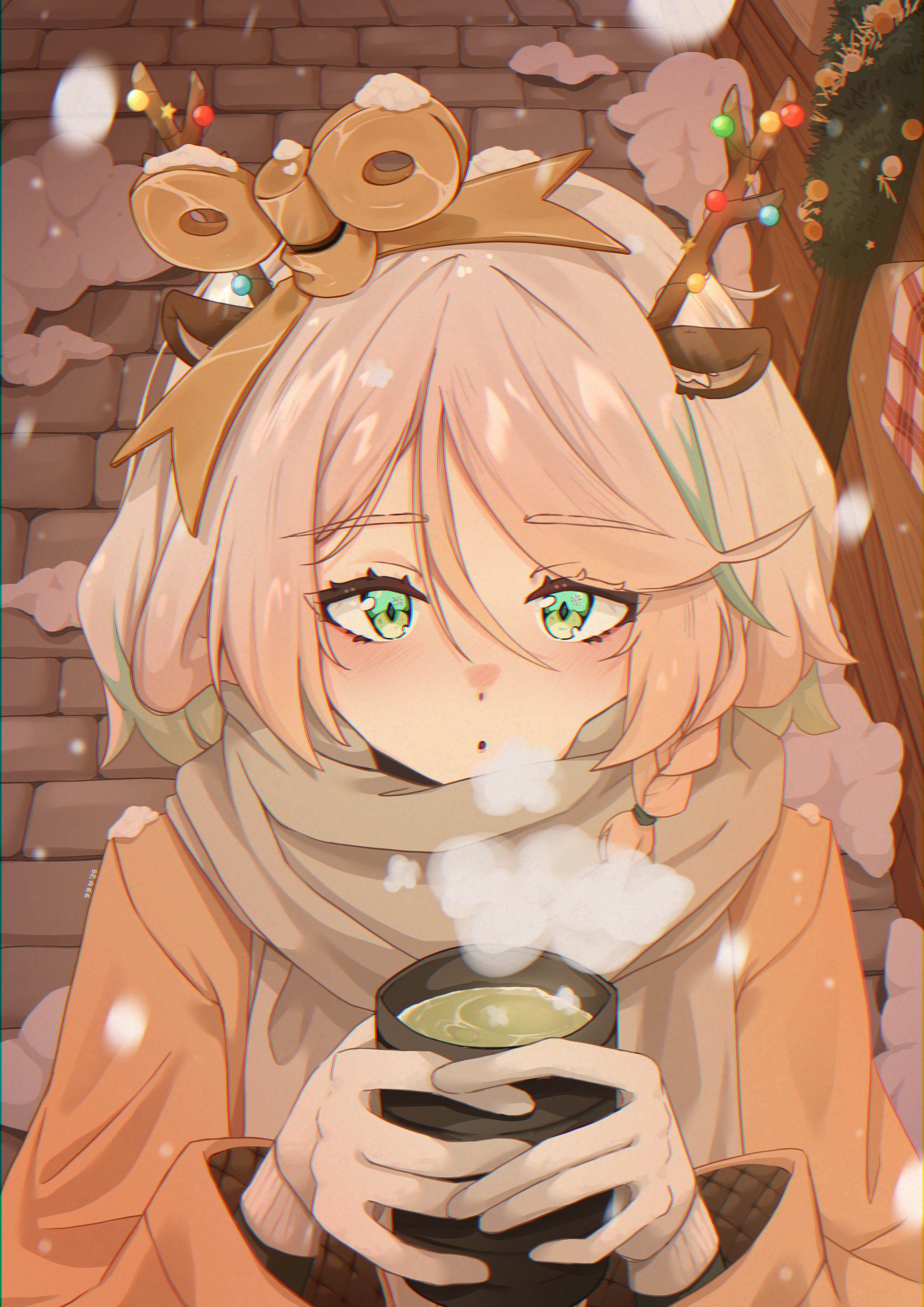 lalachan208, cecilia immergreen, hololive, hololive english, absurdres, commentary, hashtag-only commentary, highres, symbol-only commentary, 1girl, alternate costume, animal ears, antlers, braid, breath, brown coat, christmas lights, christmas tree, coat, cup, deer ears, diamond-shaped pupils, diamond (shape), fake animal ears, fake antlers, gloves, green eyes, green hair, green tea, hair ornament, horns, long sleeves, multicolored hair, parted lips, pavement, reindeer antlers, scarf, side braid, snowing, solo, steam, streaked hair, symbol-shaped pupils, tea, two-tone hair, virtual youtuber, white gloves, white hair, winding key, winter clothes, yunomi