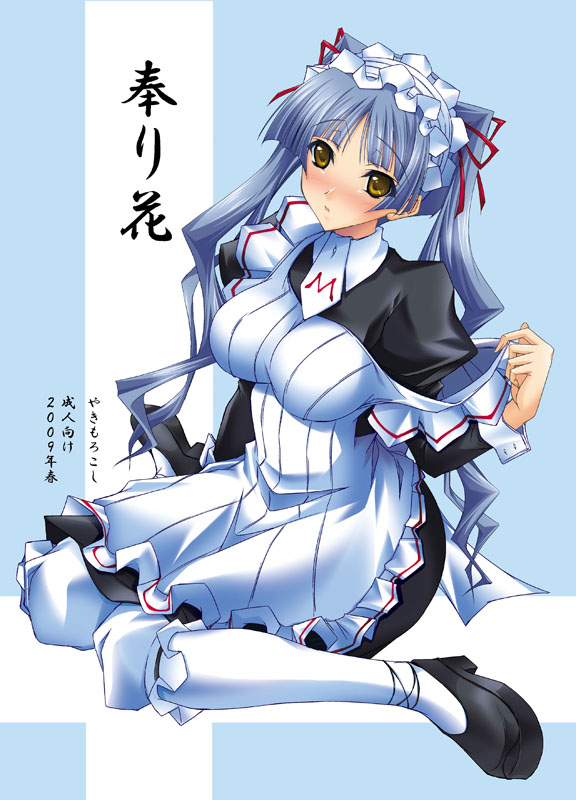 maho (yakimorokoshi), shinouji matsurika, maria holic, 00s, 1girl, apron, blue hair, blush, female focus, hair ribbon, maid, maid apron, pantyhose, ribbon, solo, white pantyhose, yellow eyes