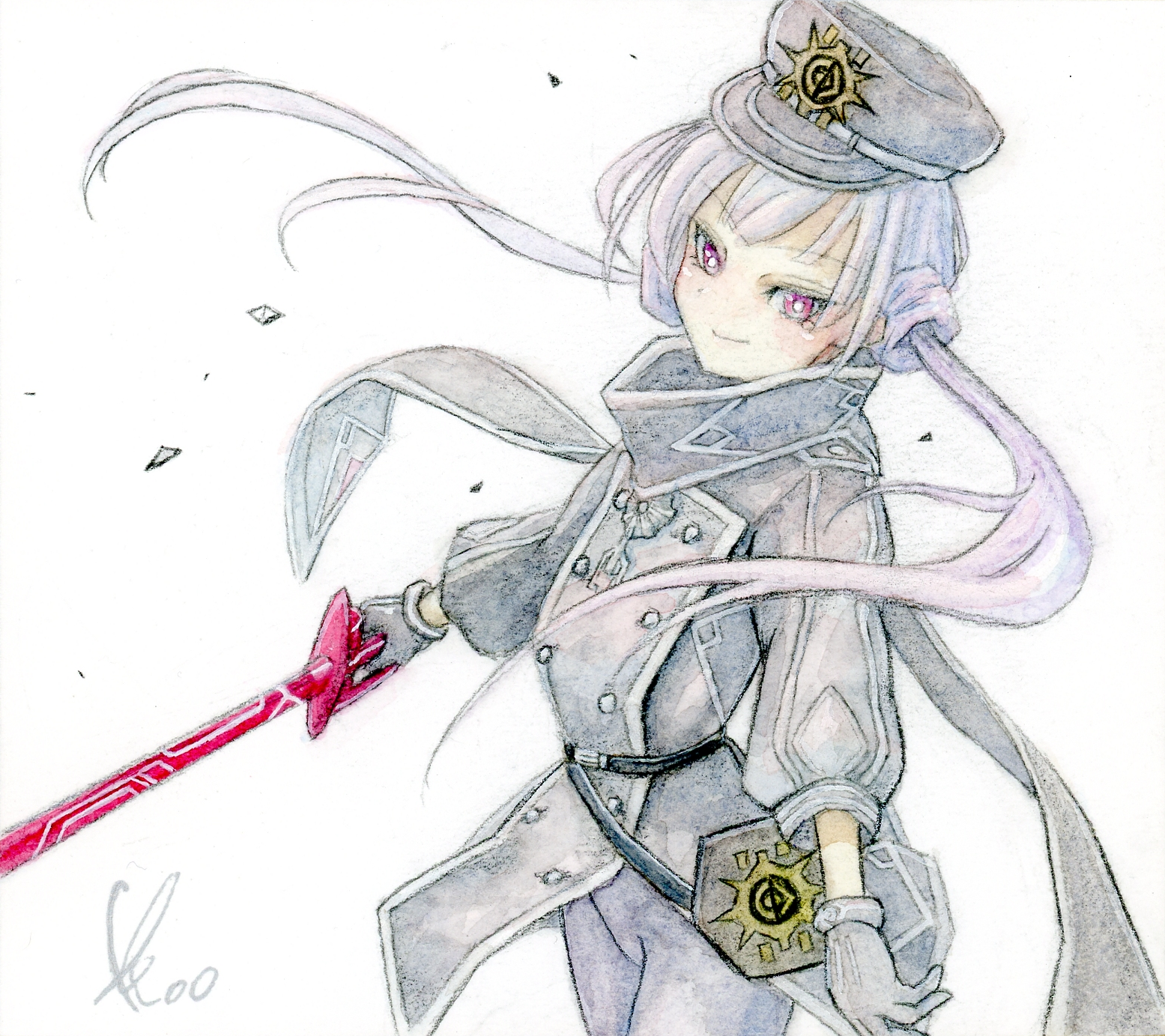 aotake tomo, sky striker ace – roze, yu-gi-oh!, commentary request, highres, traditional media, 1girl, bright pupils, coat, duel monster, gloves, grey coat, grey gloves, holding, holding sword, holding weapon, long hair, long sleeves, looking at viewer, purple eyes, simple background, solo, sword, twintails, very long hair, weapon, white background, white pupils