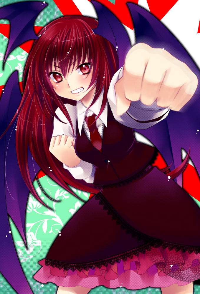 yukian, koakuma, embodiment of scarlet devil, touhou, bad id, bad pixiv id, 1girl, bat wings, blush, clenched hand, clenched hands, clenched teeth, embellished costume, female focus, foreshortening, frills, grin, head wings, lace, light particles, long hair, punching, red eyes, red hair, smile, solo, teeth, wings