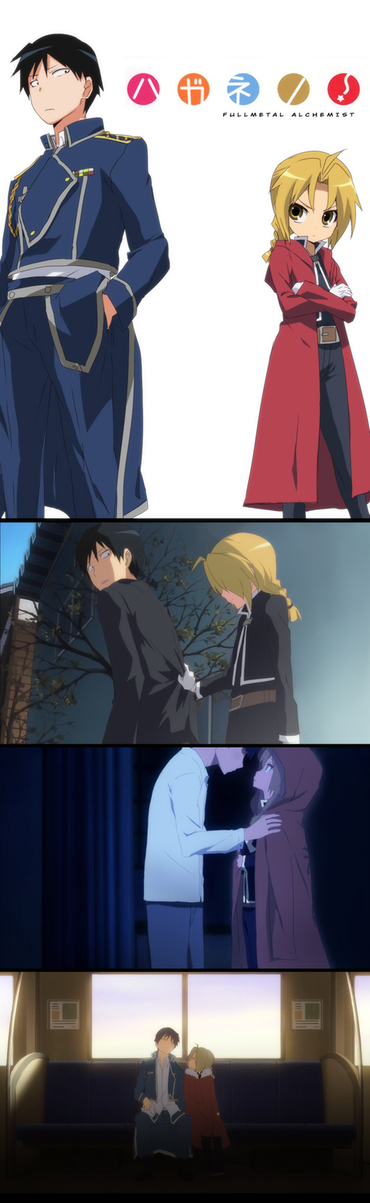 kl (dgzonbi), edward elric, roy mustang, fullmetal alchemist, toradora!, highres, long image, tall image, 2boys, crossover, military, military uniform, multiple boys, parody
