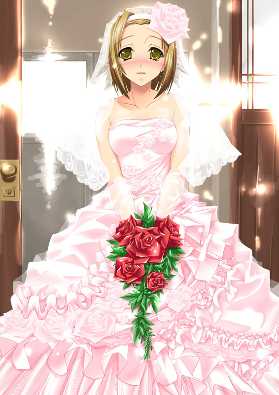 maho (yakimorokoshi), tainaka ritsu, k-on!, 00s, 1girl, blush, bouquet, bride, brown eyes, brown hair, dress, female focus, flower, hairband, short hair, solo, wedding dress