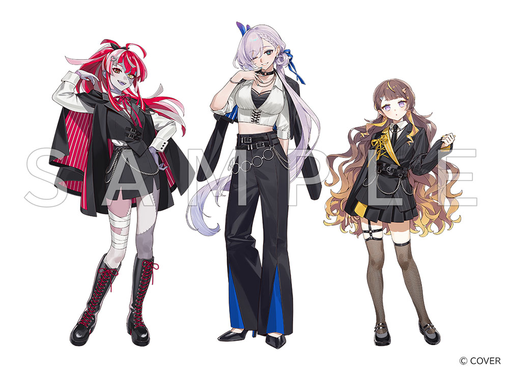 itou (very ito), anya melfissa, kureiji ollie, pavolia reine, hololive, hololive indonesia, holoro, commentary request, official art, 3girls, :d, ;d, ahoge, bandaged leg, bandages, belt, black belt, black boots, black jacket, black necktie, black pants, black shoes, black skirt, black thighhighs, black vest, blonde hair, blunt bangs, boots, braid, braided bangs, brown hair, buttons, choker, collared shirt, colored skin, colored tongue, copyright name, cropped shirt, double-breasted, full body, garter straps, gradient hair, grey hair, grey skin, grin, hand on own hip, hand up, heterochromia, high heels, jacket, jacket on shoulders, jewelry, knee boots, lace-up boots, lapels, long hair, long sleeves, looking at viewer, low twintails, miniskirt, multicolored hair, multiple belts, multiple girls, neck ribbon, necklace, necktie, notched lapels, o-ring, o-ring choker, o-ring thigh strap, one eye closed, open mouth, pants, patchwork skin, pencil skirt, pink hair, pinstripe jacket, pinstripe pattern, pleated skirt, purple eyes, purple tongue, red eyes, red hair, ribbon, sample watermark, shirt, shoes, sidelocks, single garter strap, skirt, smile, stitched arm, stitched face, stitched leg, stitches, streaked hair, suit jacket, thigh strap, thighhighs, twintails, very long hair, vest, virtual youtuber, watermark, wavy hair, white background, white hair, white shirt, yellow eyes