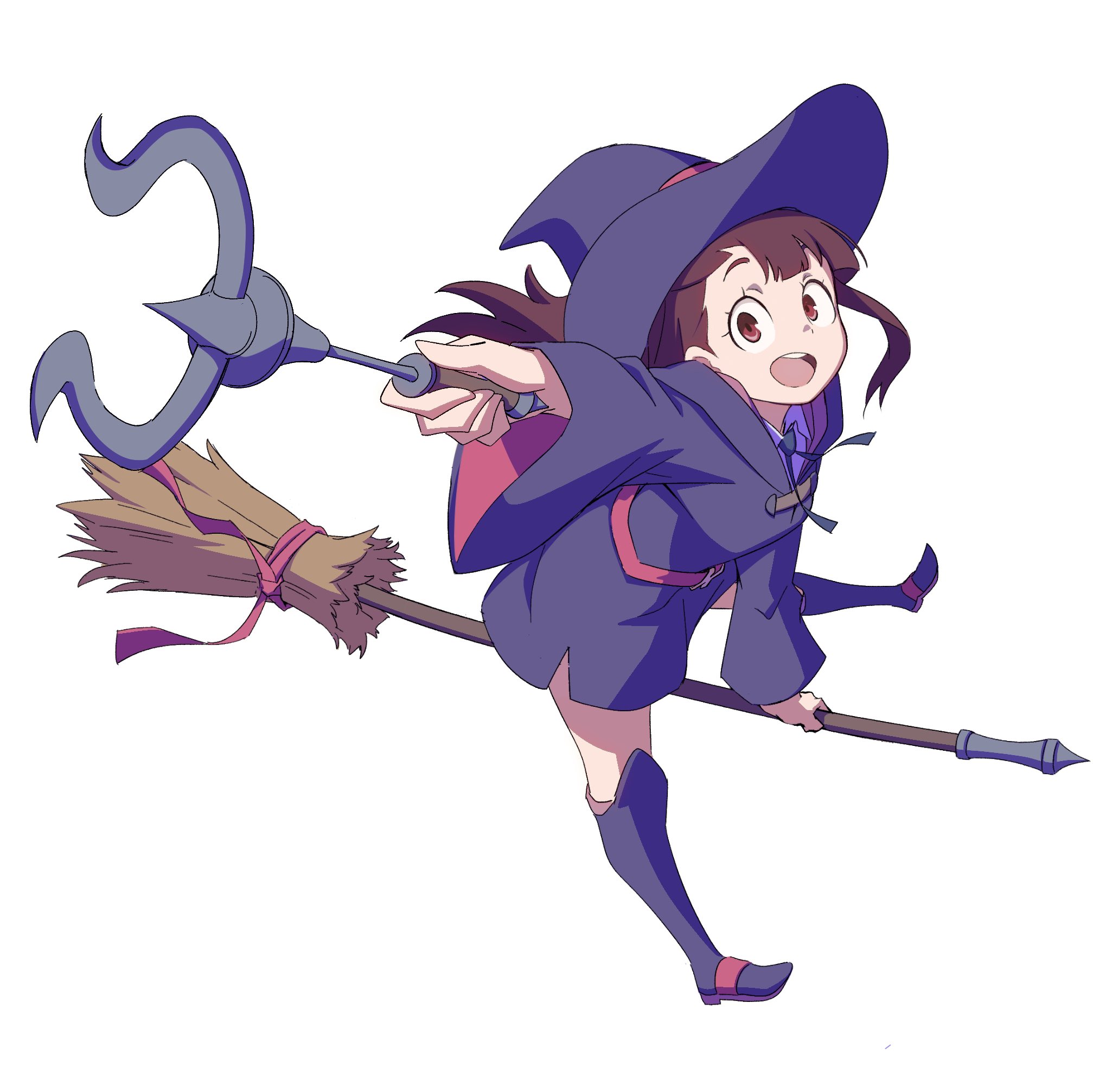 radio1985head, kagari atsuko, little witch academia, commentary request, highres, 1girl, :d, boots, broom, broom riding, brown hair, dress, full body, hat, holding, holding wand, knee boots, long hair, long sleeves, looking at viewer, luna nova school uniform, open mouth, outstretched arm, purple boots, purple dress, purple hat, red eyes, school uniform, smile, solo, teeth, upper teeth only, wand, witch hat