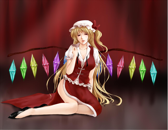 ryuushou, flandre scarlet, touhou, 1girl, aged up, blonde hair, breasts, china dress, chinese clothes, dress, female focus, full body, gradient background, hat, long hair, ponytail, red eyes, side ponytail, solo, very long hair, wings