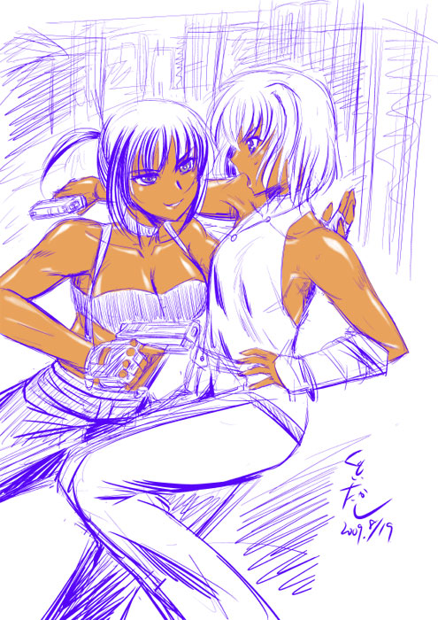 alphard (canaan), canaan (character), 428, 428: fuusa sareta shibuya de, canaan (series), chunsoft, 2girls, gloves, gun, jewelry, multiple girls, ponytail, short hair, sleeveless, sleeveless turtleneck, turtleneck, weapon, white hair