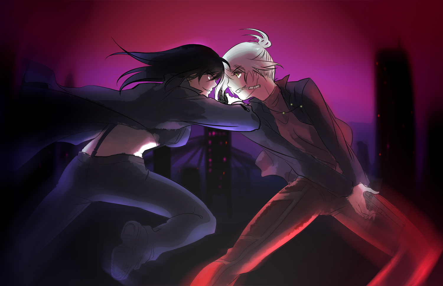 ktsis, alphard (canaan), canaan (character), 428, 428: fuusa sareta shibuya de, canaan (series), chunsoft, bad id, bad pixiv id, 2girls, black hair, gun, jewelry, multiple girls, ponytail, short hair, turtleneck, weapon, white hair