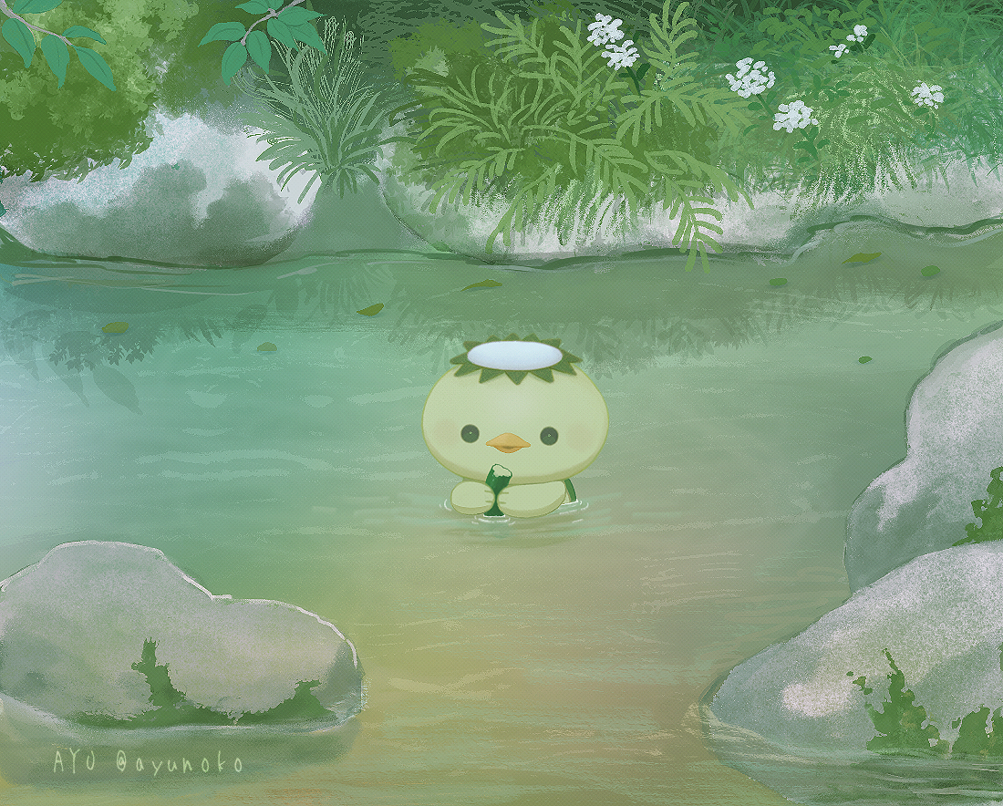 ayu (mog), original, commentary, english commentary, mixed-language commentary, artist name, cucumber, grass, holding, kappa, lake, no humans, outdoors, partially submerged, rock, romaji commentary, twitter username, water