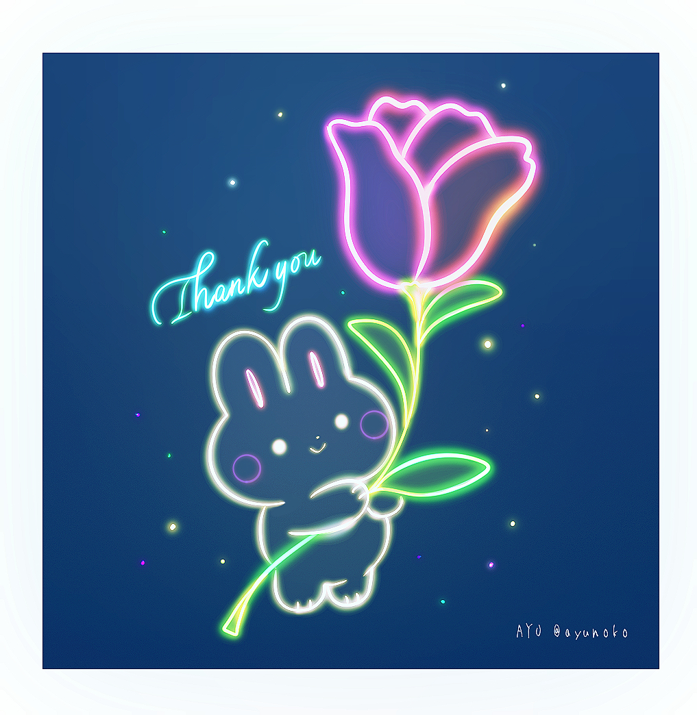 ayu (mog), original, commentary, english commentary, mixed-language commentary, animal, animal focus, artist name, blue background, blush stickers, border, closed mouth, flower, holding, holding flower, leaf, no humans, pink flower, pink tulip, rabbit, romaji commentary, smile, solid circle eyes, thank you, tulip, twitter username, white border