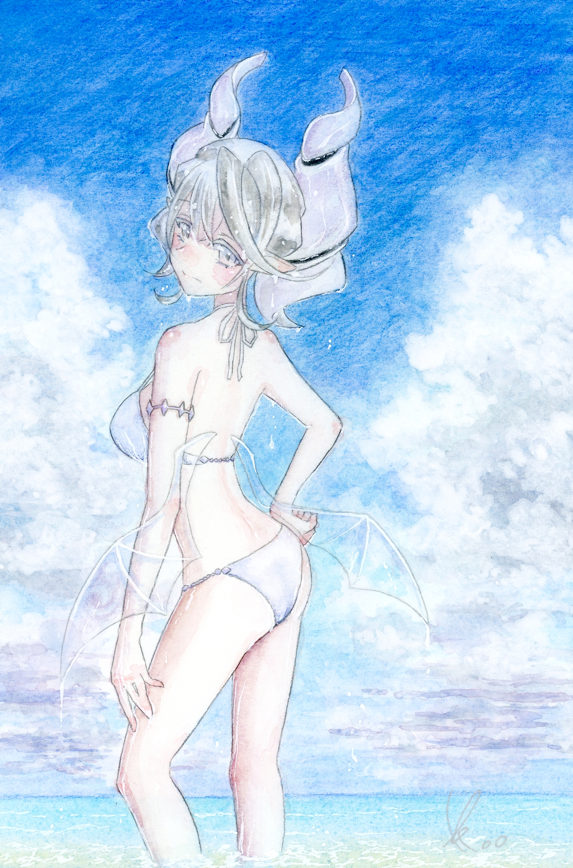 aotake tomo, lovely labrynth of the silver castle, yu-gi-oh!, absurdres, commentary request, highres, painting (medium), traditional media, watercolor (medium), 1girl, bikini, closed mouth, cloud, duel monster, from behind, grey bikini, grey eyes, grey hair, horns, looking back, ocean, outdoors, short hair, solo, swimsuit, wading