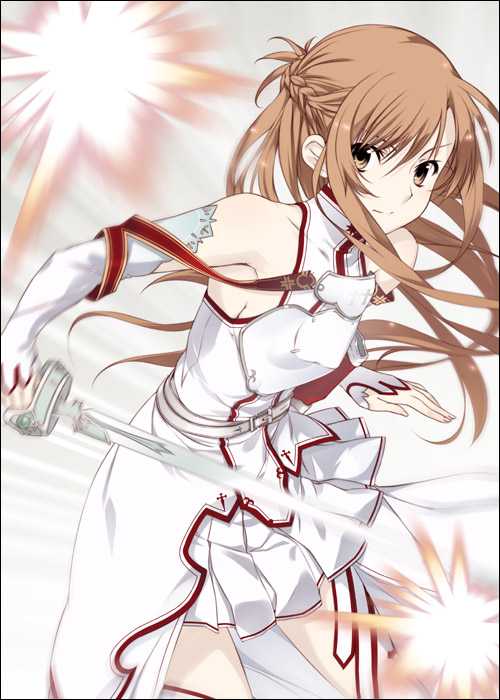 mizuki makoto, asuna (sao), sword art online, 10s, 1girl, armor, brown eyes, brown hair, cross, detached sleeves, elbow gloves, female focus, gloves, long hair, looking at viewer, matching hair/eyes, skirt, solo, sword, thighhighs, thighs, weapon, white armor