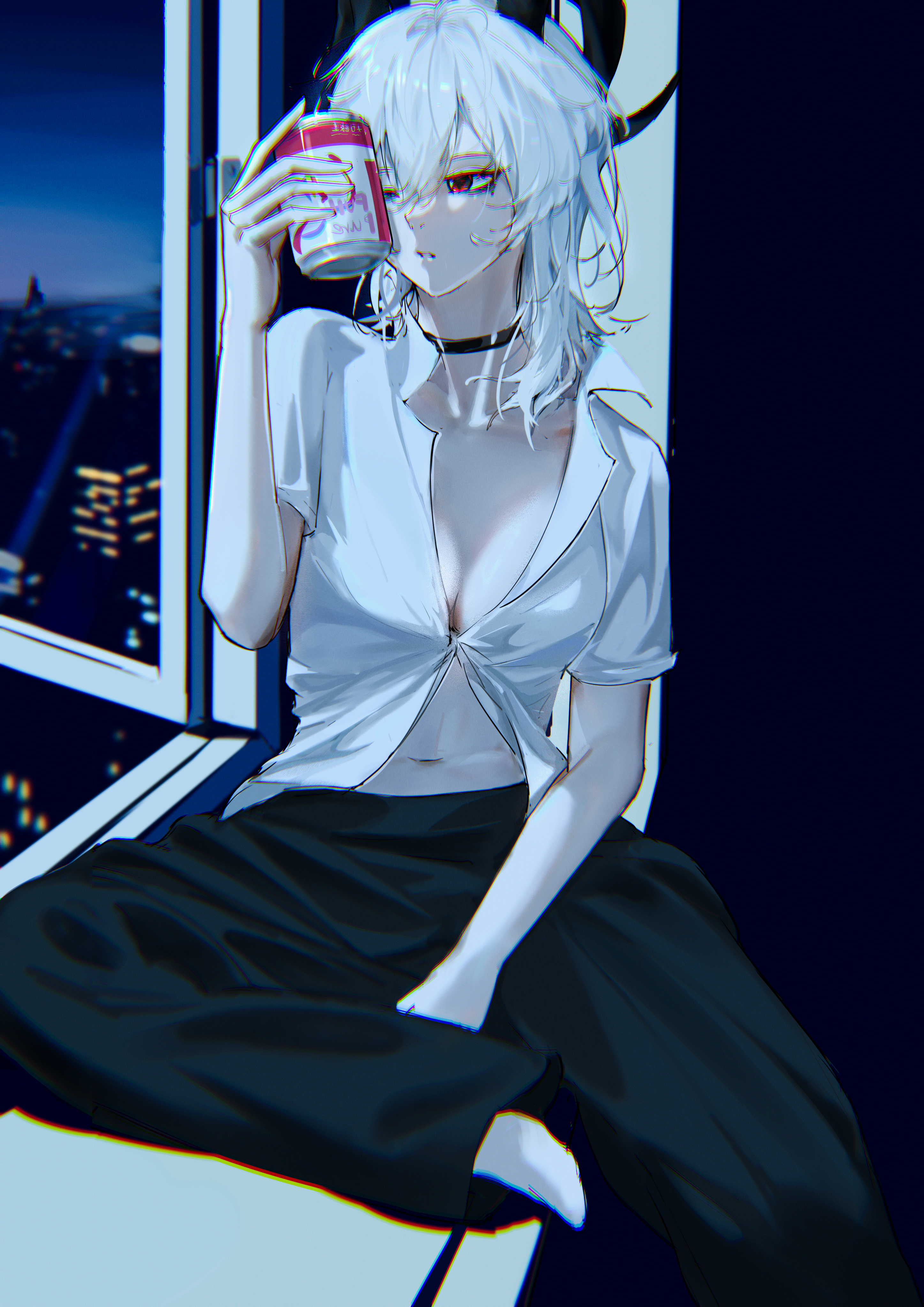 phyllosl, zani (wuthering waves), wuthering waves, absurdres, commentary request, highres, 1girl, alternate costume, black choker, black horns, black pants, breasts, can, choker, chromatic aberration, cleavage, curled horns, drink can, hair between eyes, holding, holding can, horns, large breasts, long hair, looking outside, mole, mole under eye, navel, no bra, on windowsill, open window, pants, parted lips, partially unbuttoned, red eyes, shirt, solo, stomach, white hair, white shirt, window