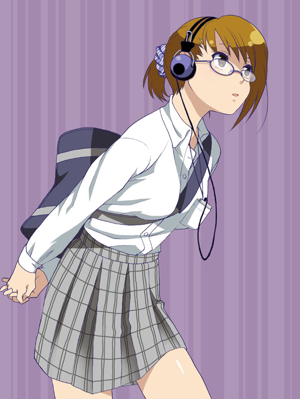 mattaku mousuke, original, 1girl, arms behind back, backpack, bag, between breasts, black eyes, breasts, brown eyes, brown hair, buttons, cowboy shot, dress shirt, female focus, glasses, headphones, leaning forward, mp3 player, open collar, own hands clasped, own hands together, ponytail, purple background, randoseru, school uniform, scrunchie, shirt, short hair, shoulder bag, simple background, skirt, solo, strap between breasts, striped background, walking