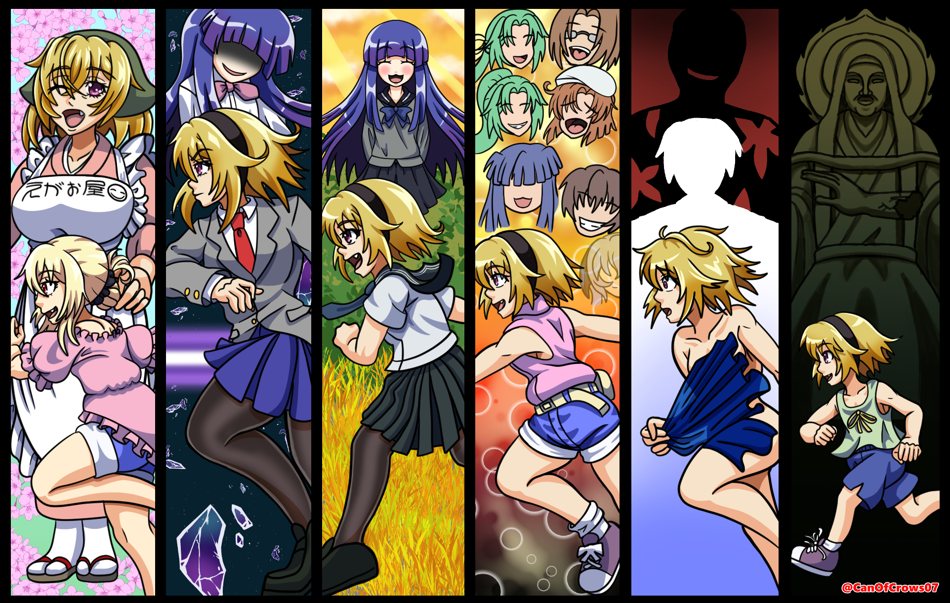 canofcrows07, furude rika, hanyuu, houjou satoko, houjou satoshi, houjou teppei, irie kyousuke, kimiyoshi sakiko, maebara keiichi, oyashiro-sama, sonozaki mion, sonozaki shion, higurashi no naku koro ni, higurashi no naku koro ni gou, higurashi no naku koro ni rei, highres, age progression, aged up, naked towel, towel