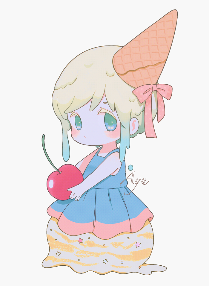 ayu (mog), original, commentary, english commentary, mixed-language commentary, 1girl, artist name, bare arms, bare shoulders, blue dress, blue hair, blush, cherry, chibi, chibi only, closed mouth, dress, food, fruit, full body, gradient hair, green eyes, green hair, holding, holding food, holding fruit, ice cream, ice cream cone, looking at viewer, multicolored hair, romaji commentary, short hair, sidelocks, simple background, sleeveless, sleeveless dress, solo, white background