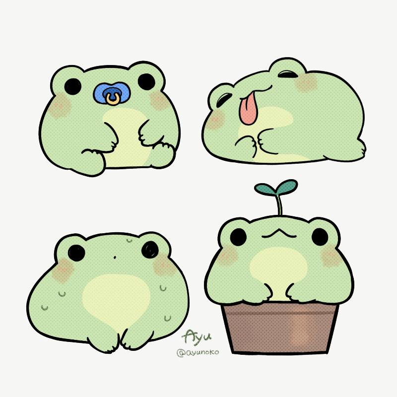 ayu (mog), original, commentary, english commentary, mixed-language commentary, :3, :p, animal focus, artist name, blush stickers, closed eyes, closed mouth, dot mouth, flower pot, no humans, pacifier, romaji commentary, simple background, solid circle eyes, sprout, sweat, tongue, tongue out, twitter username, white background