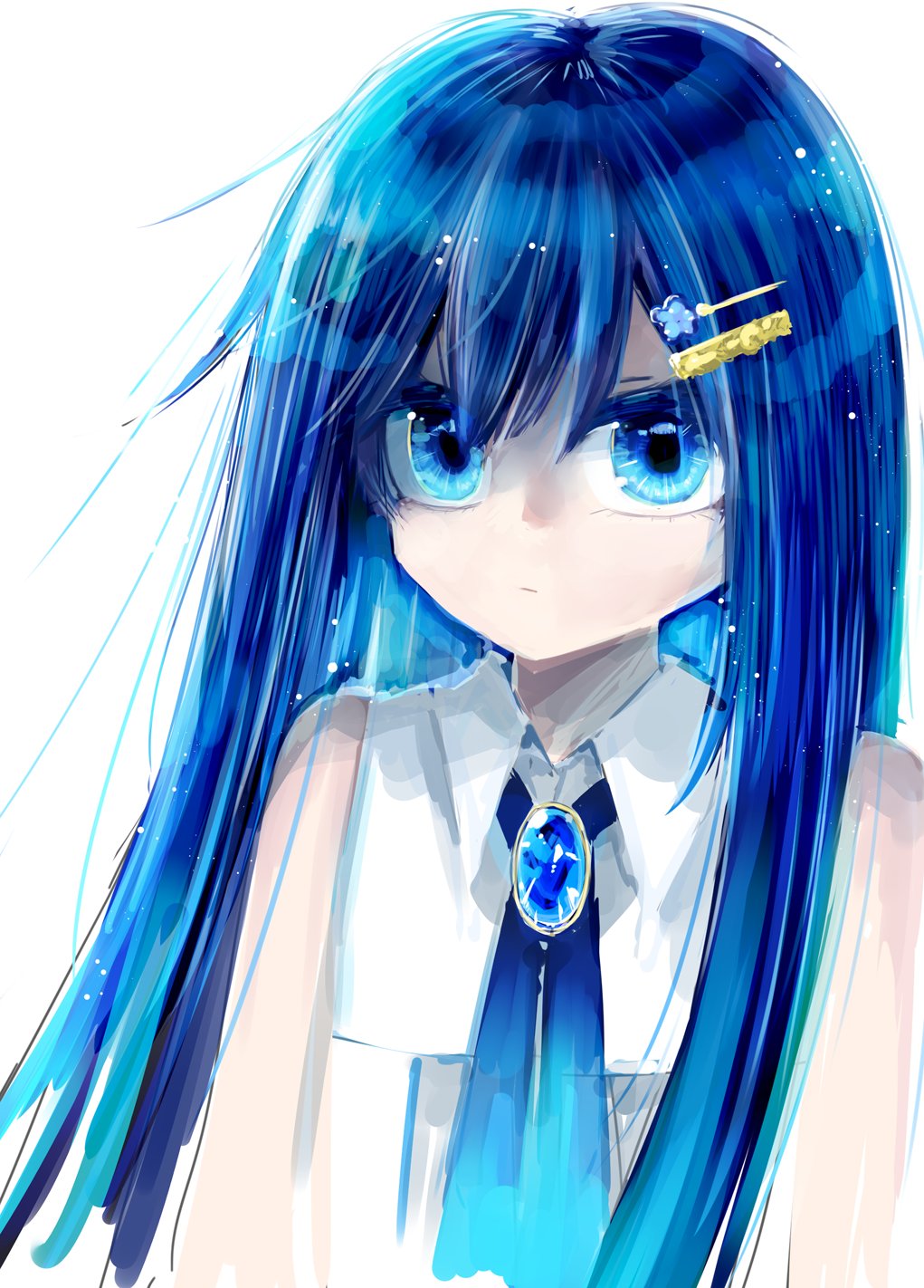 miri (miri 1m), futaba minato, cevio, commentary, highres, 1girl, blue eyes, blue ribbon, brooch, closed mouth, collared dress, dress, expressionless, gradient neck ribbon, hair ornament, hairclip, jewelry, long hair, looking at viewer, ribbon, simple background, single sidelock, sketch, sleeveless, sleeveless dress, solo, swept bangs, upper body, white background, white dress